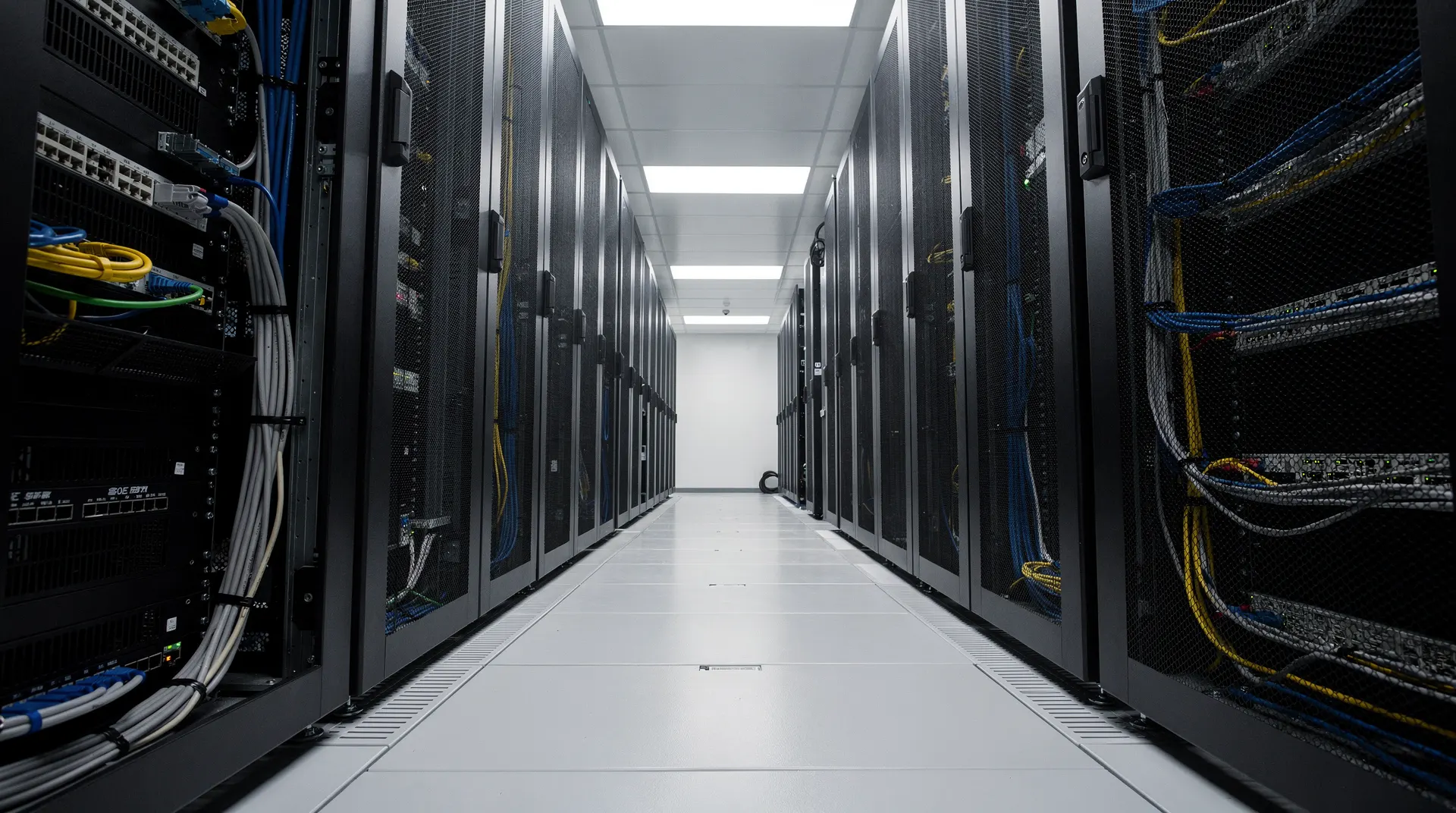 Unbranded server racks and cable bundles line a cool-lit data-center aisle.