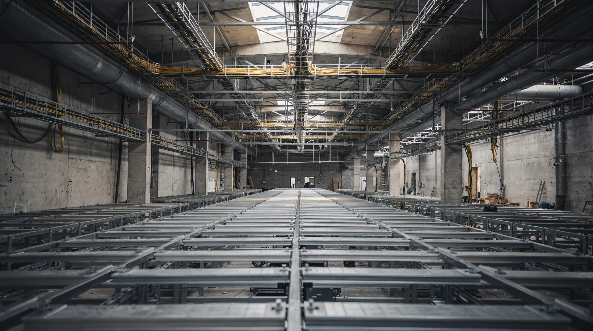 An empty data-center aisle stretches between server racks beneath cooling pipes and cable trays.