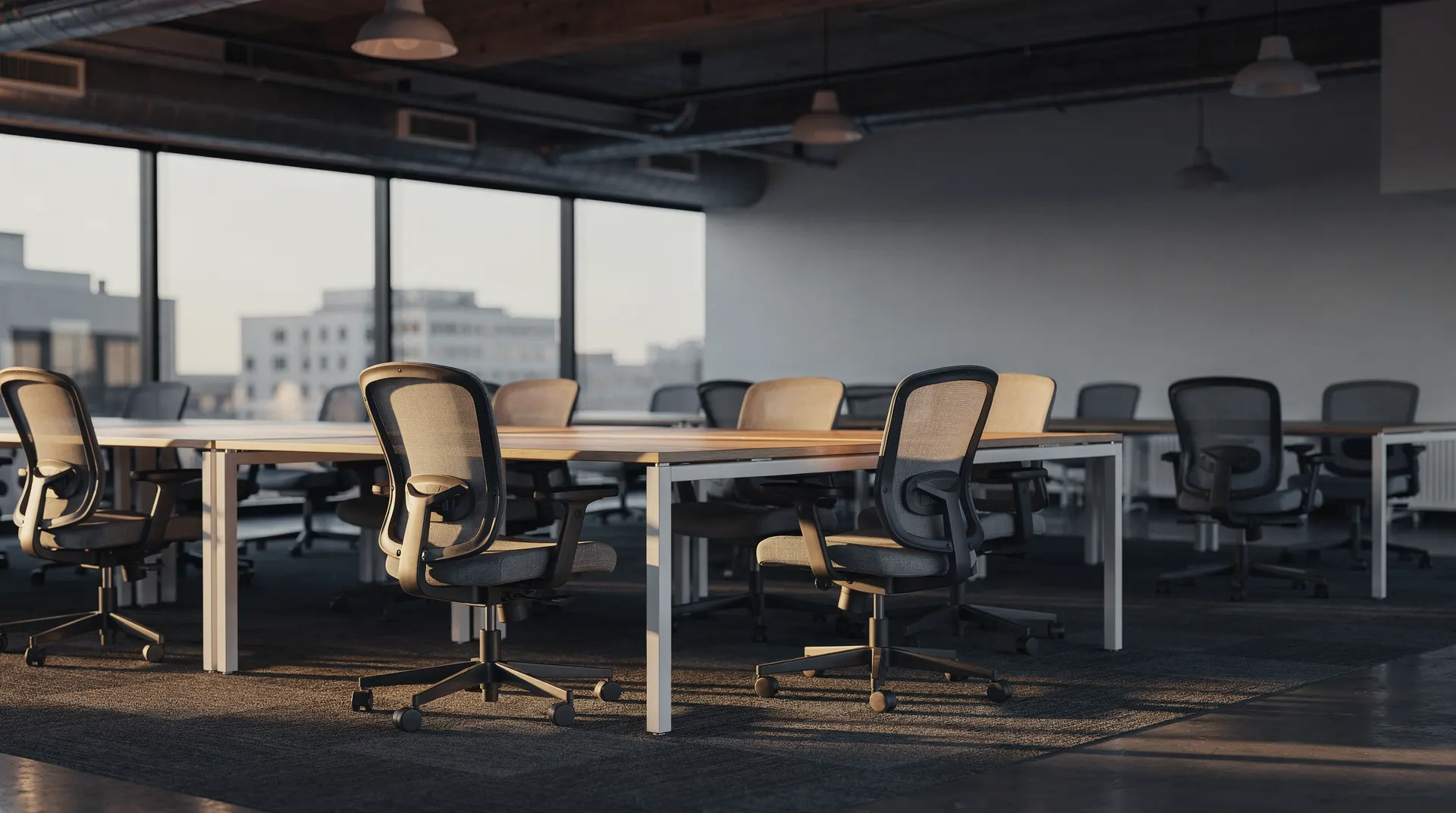 Empty office desks and pushed-in chairs sit in soft morning light.