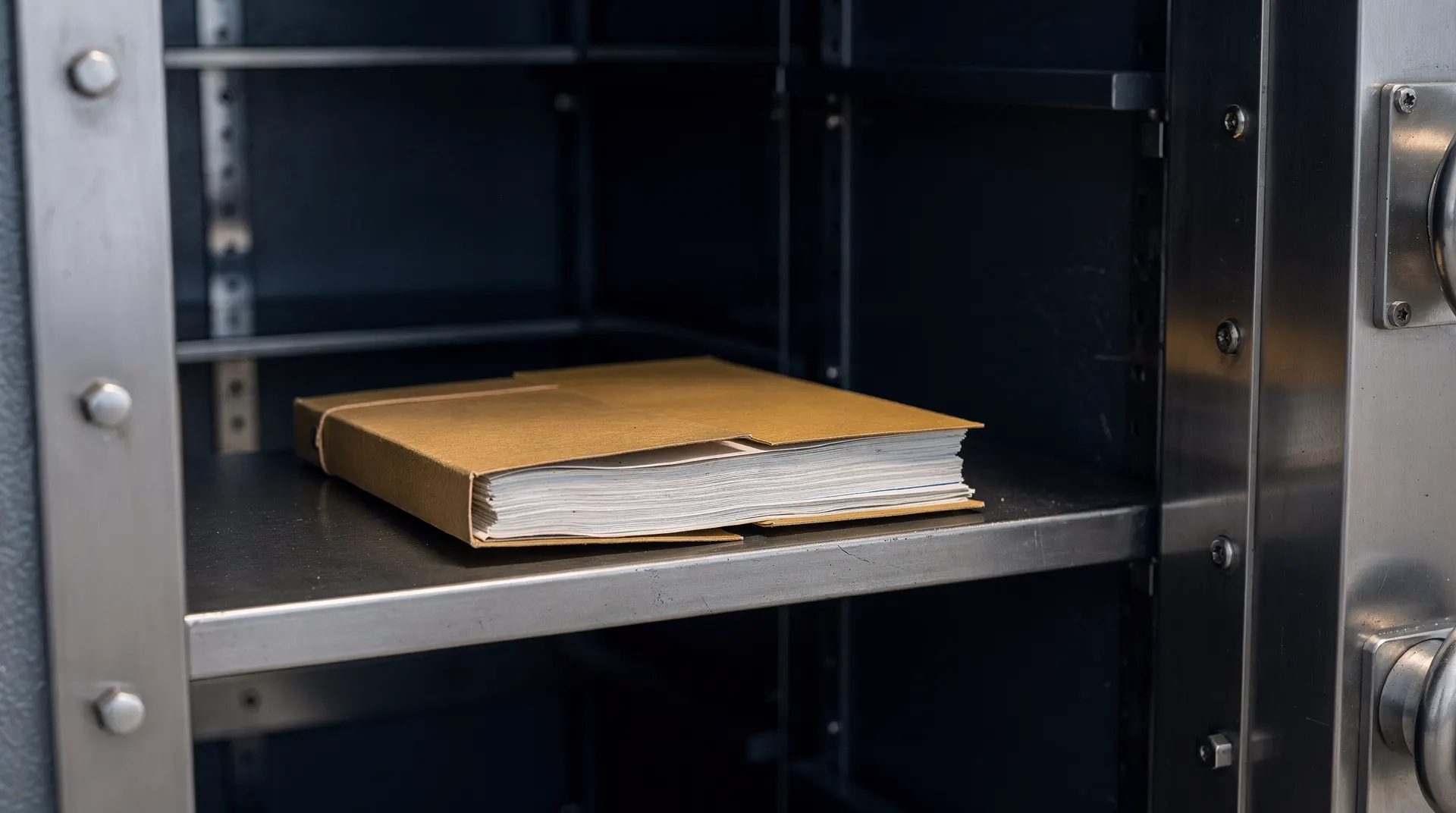 A sealed folio rests on a shelf inside an open bank vault.