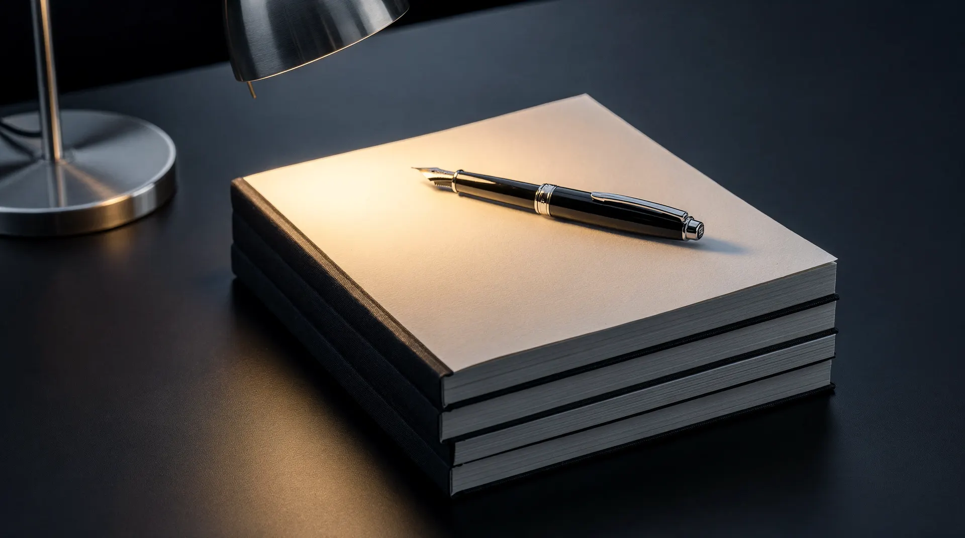 Stack of bound prospectus documents with a fountain pen under warm desk-lamp light.