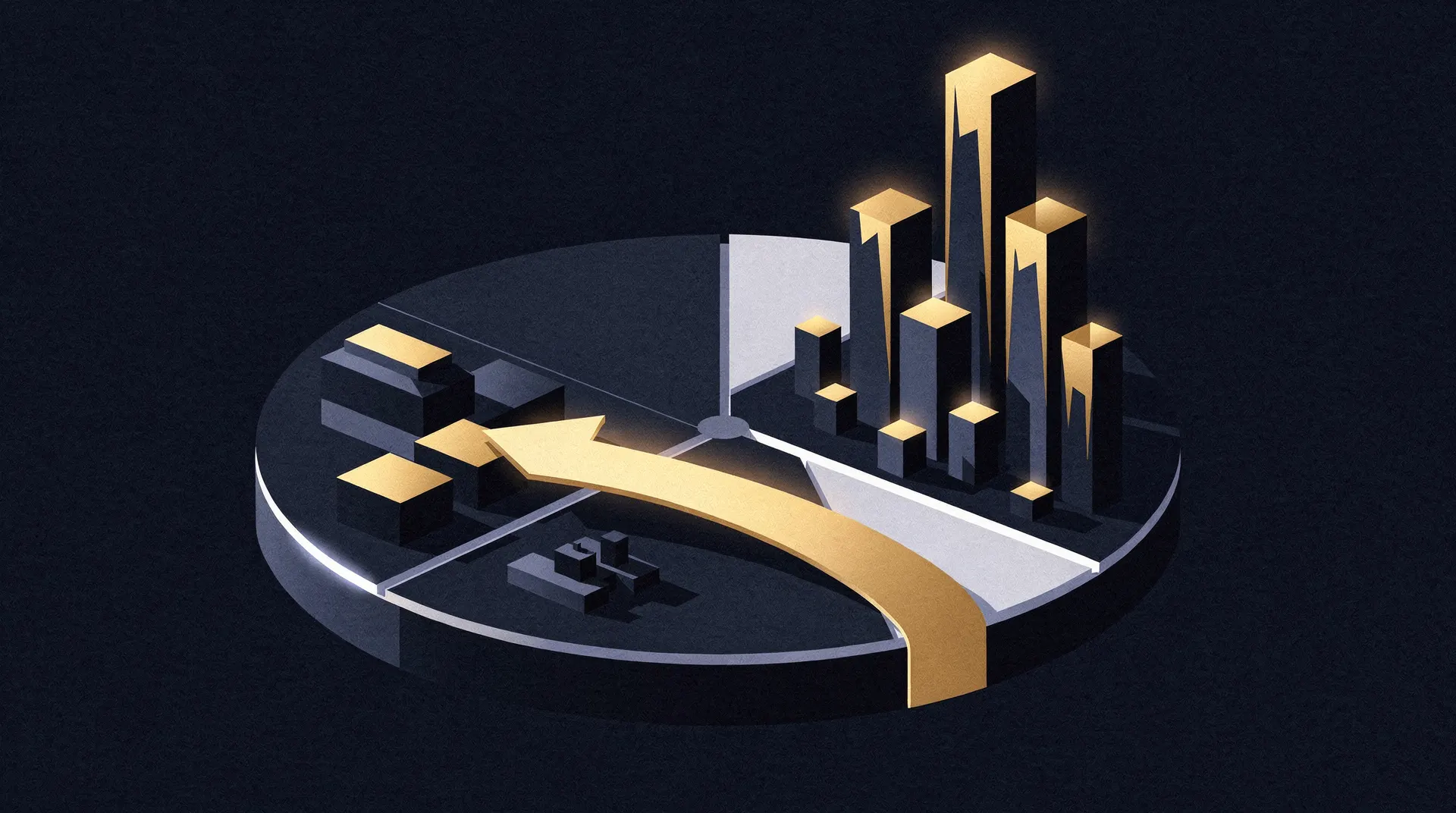 Isometric illustration of a circular market divided into sectors, with a golden arrow rotating from one sector (lower bars) to another (taller bars).