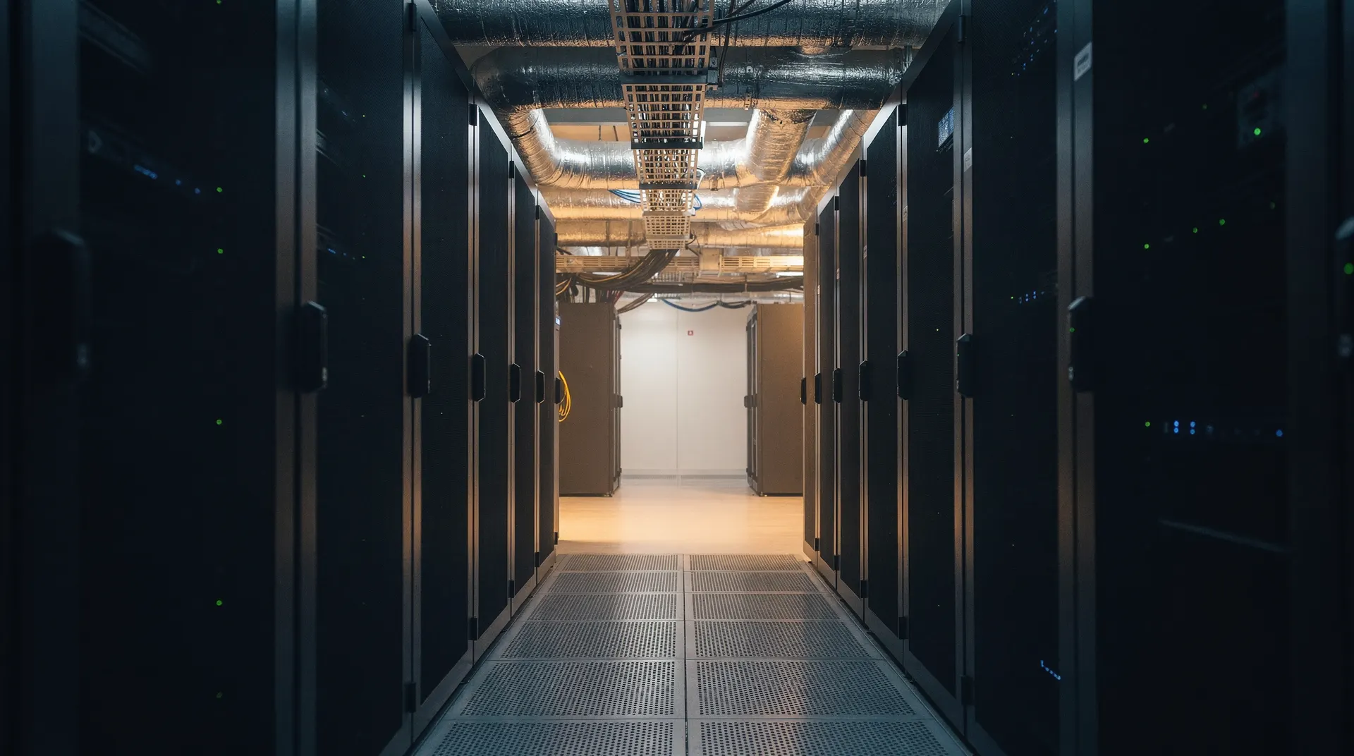 Unbranded server racks recede down a blue-lit data-center aisle toward warm lights.