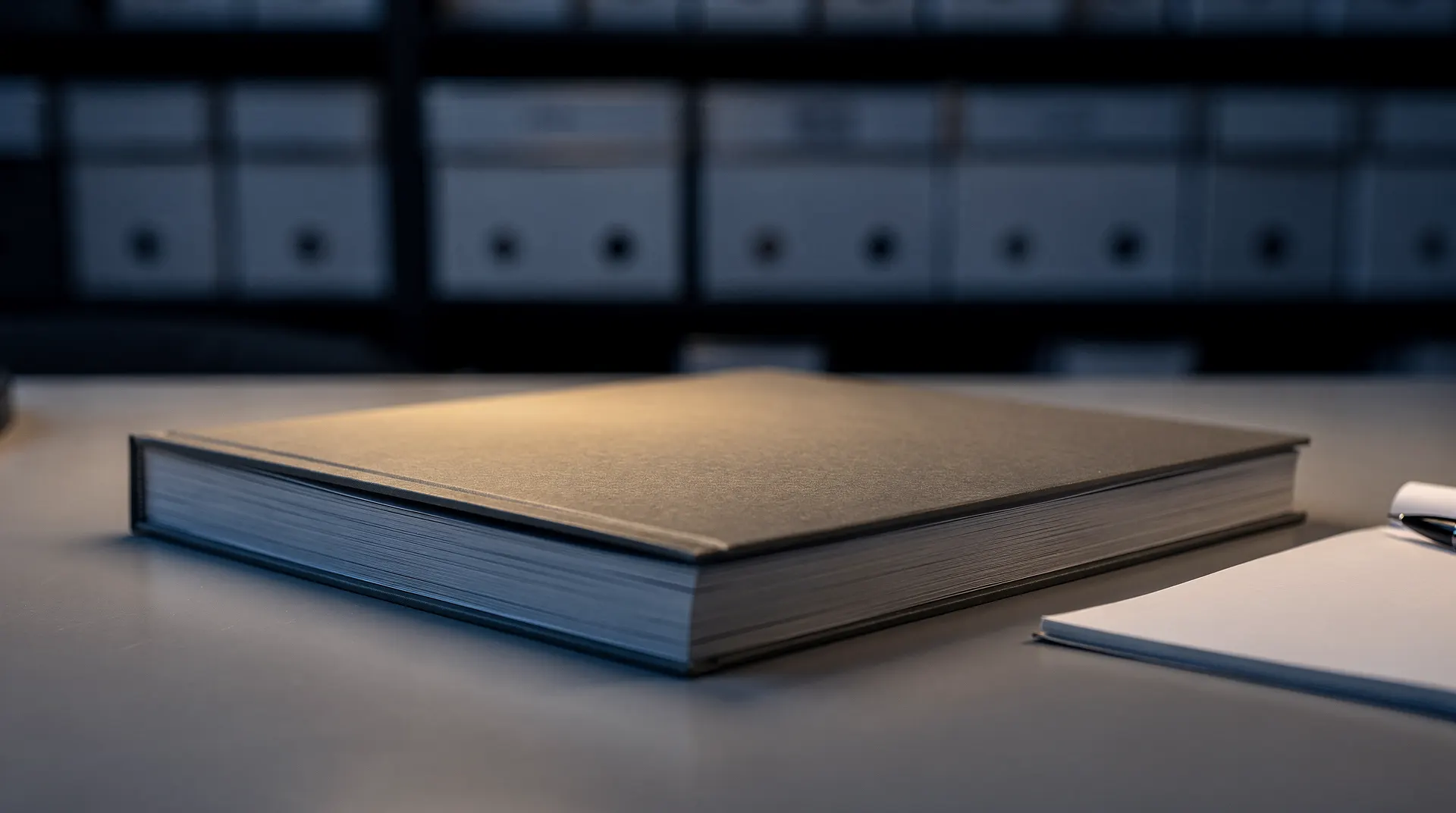 A thick, unmarked prospectus rests on a desk, with server racks blurred in the background.