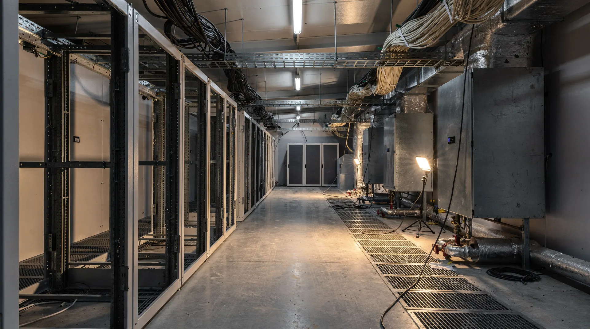 Unfinished rack frames and cable trays lead toward completed cabinets in a data-center hall.