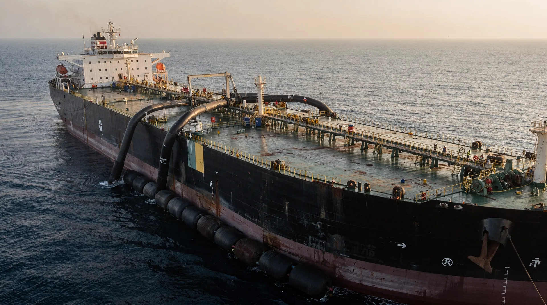 Two crude oil tankers lie alongside each other at sea, connected by transfer hoses.