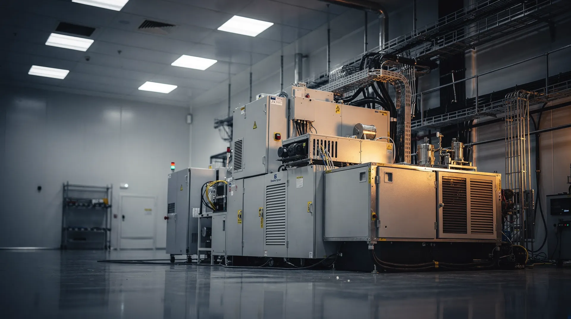 A large lithography system stands beneath utility lines in a dim, empty semiconductor cleanroom.