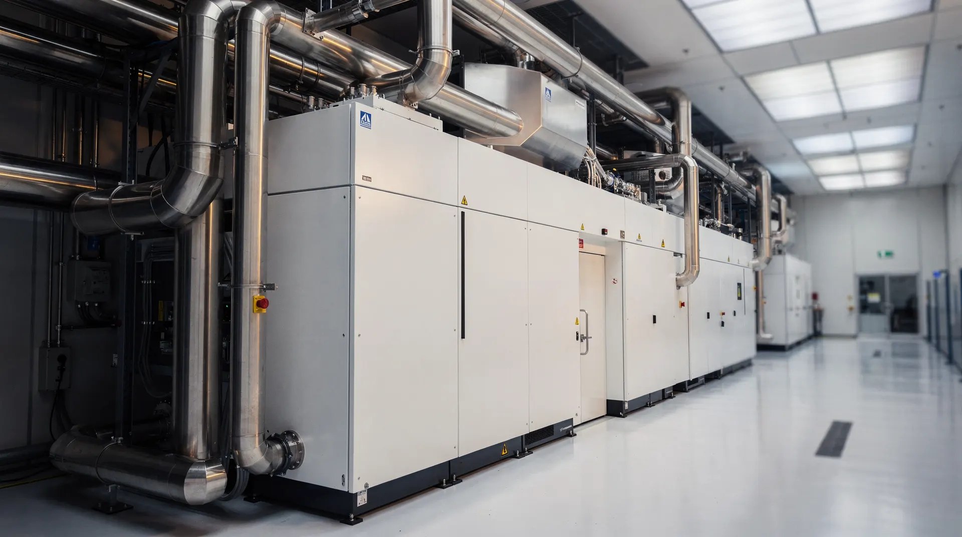 A large lithography machine fills a quiet semiconductor cleanroom, with equipment receding behind it.