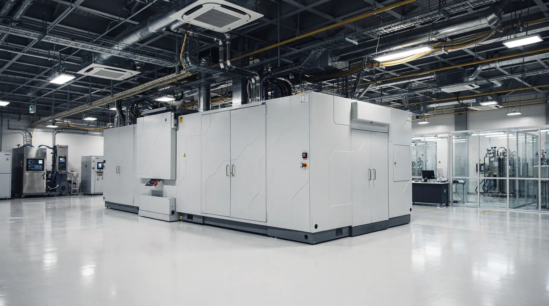 A large lithography machine stands behind glass partitions in a quiet semiconductor cleanroom.