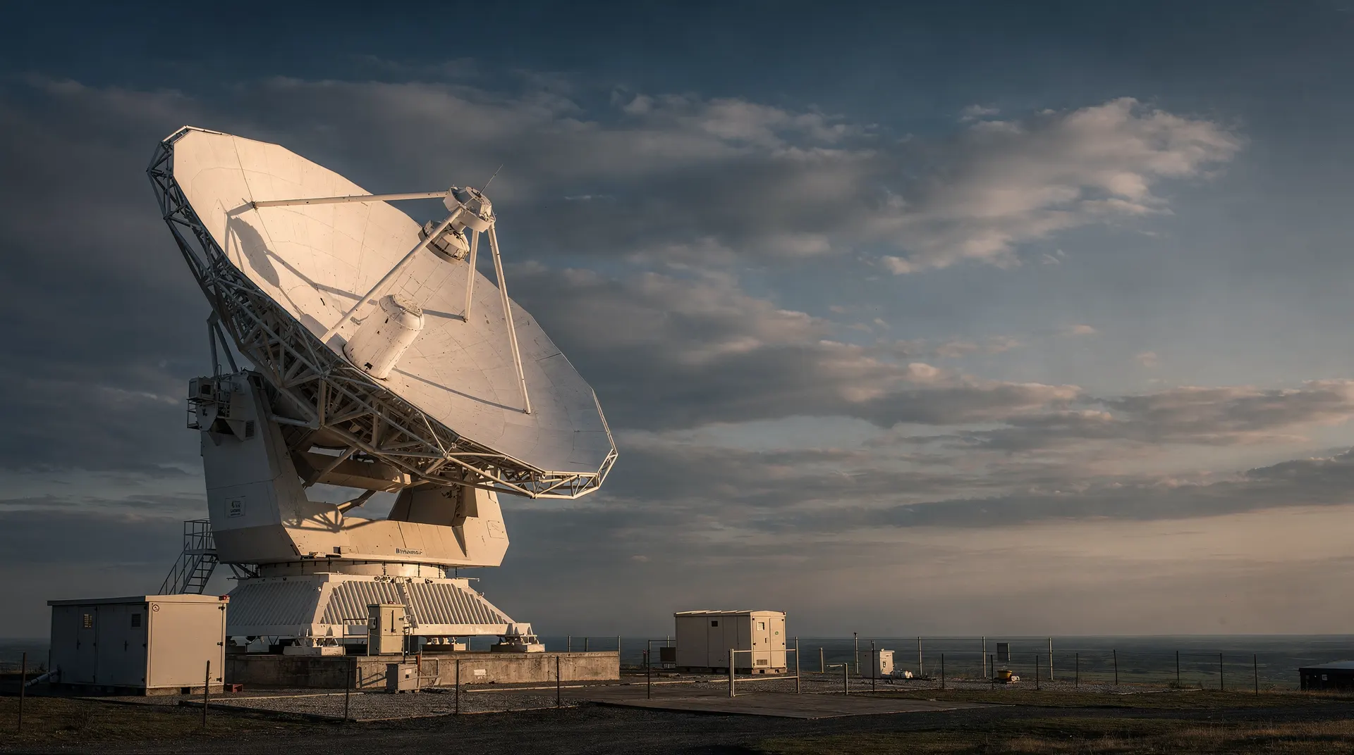 A satellite communications dish stands beneath a clearing sky at a quiet ground station.