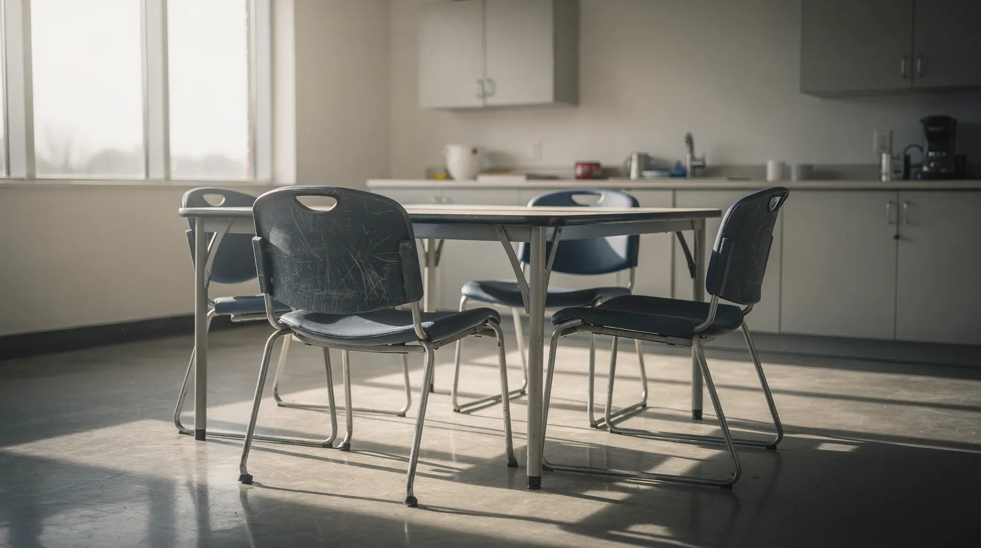 An empty office break room with vacant chairs in soft morning light