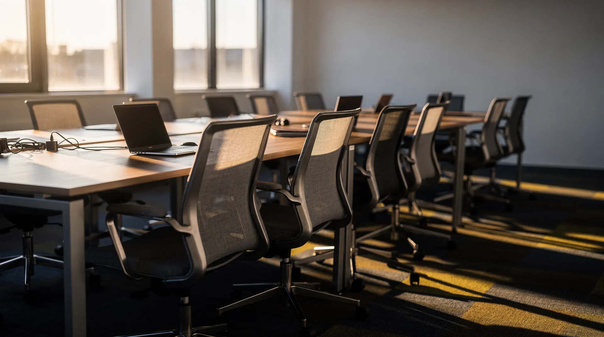 Empty office desks and chairs lit by dawn light, conveying a stalled, frozen hiring market
