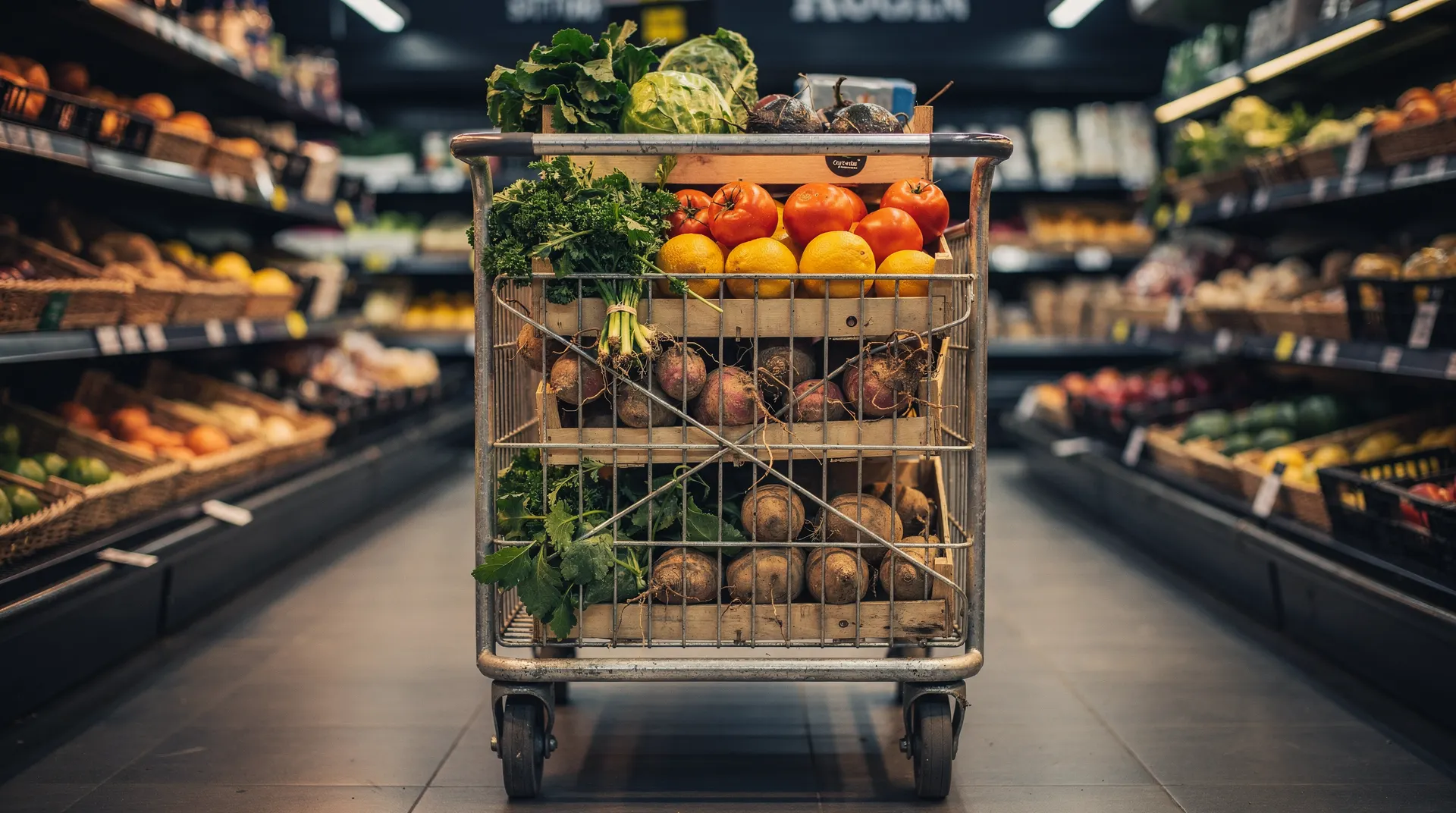 A shopping cart filled with fresh produce stands in a softly lit supermarket aisle.