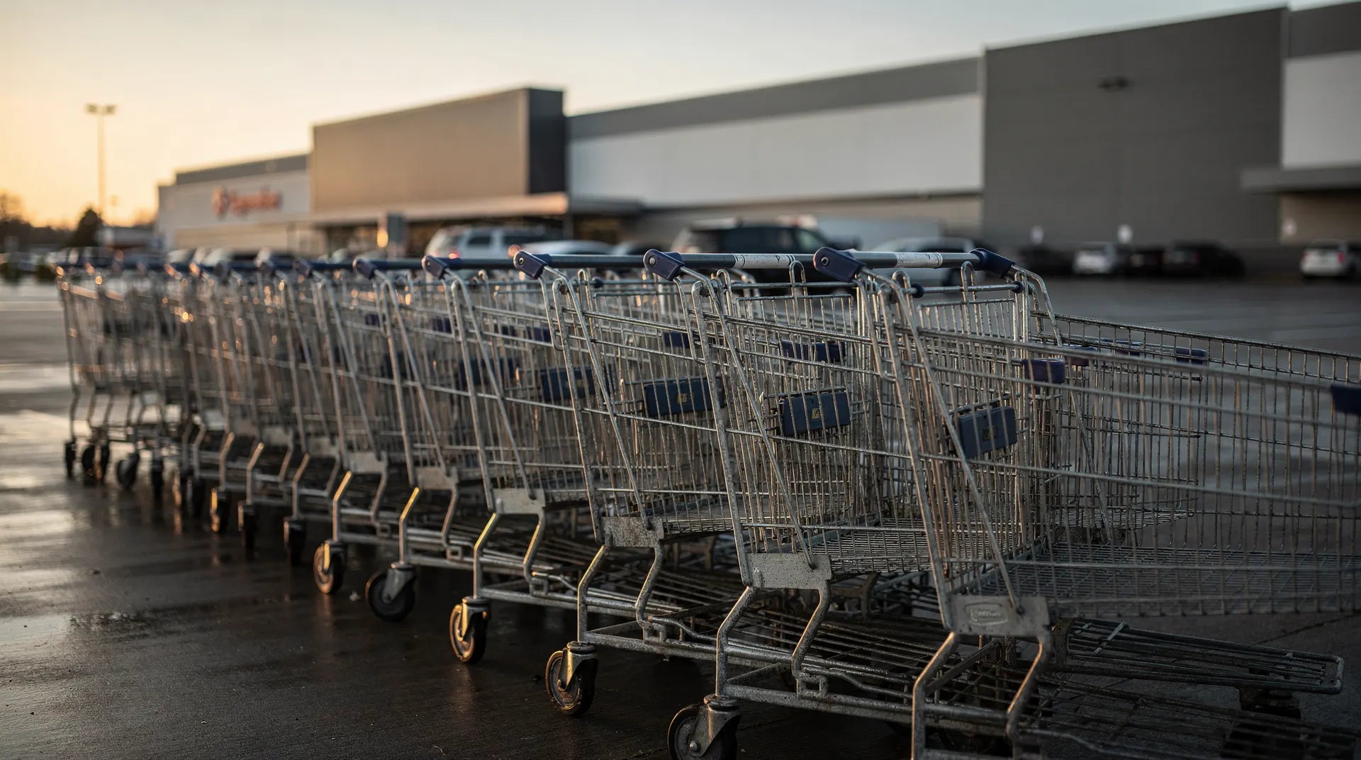 Shopping carts lined up outside a store at dawn symbolizing retail sales and consumer spending