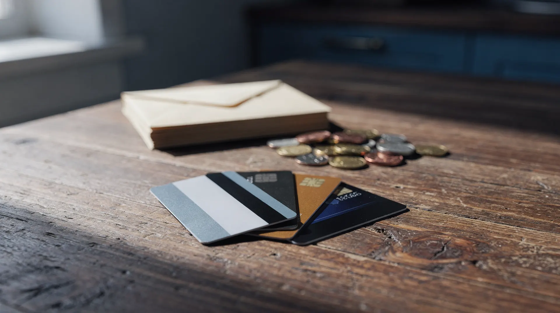 Unbranded credit cards lie on a kitchen table beside blank envelopes and a few coins.
