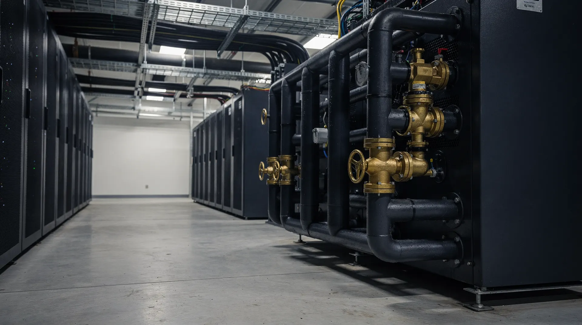 Unmarked server racks line a dim data-center aisle under warm overhead light.