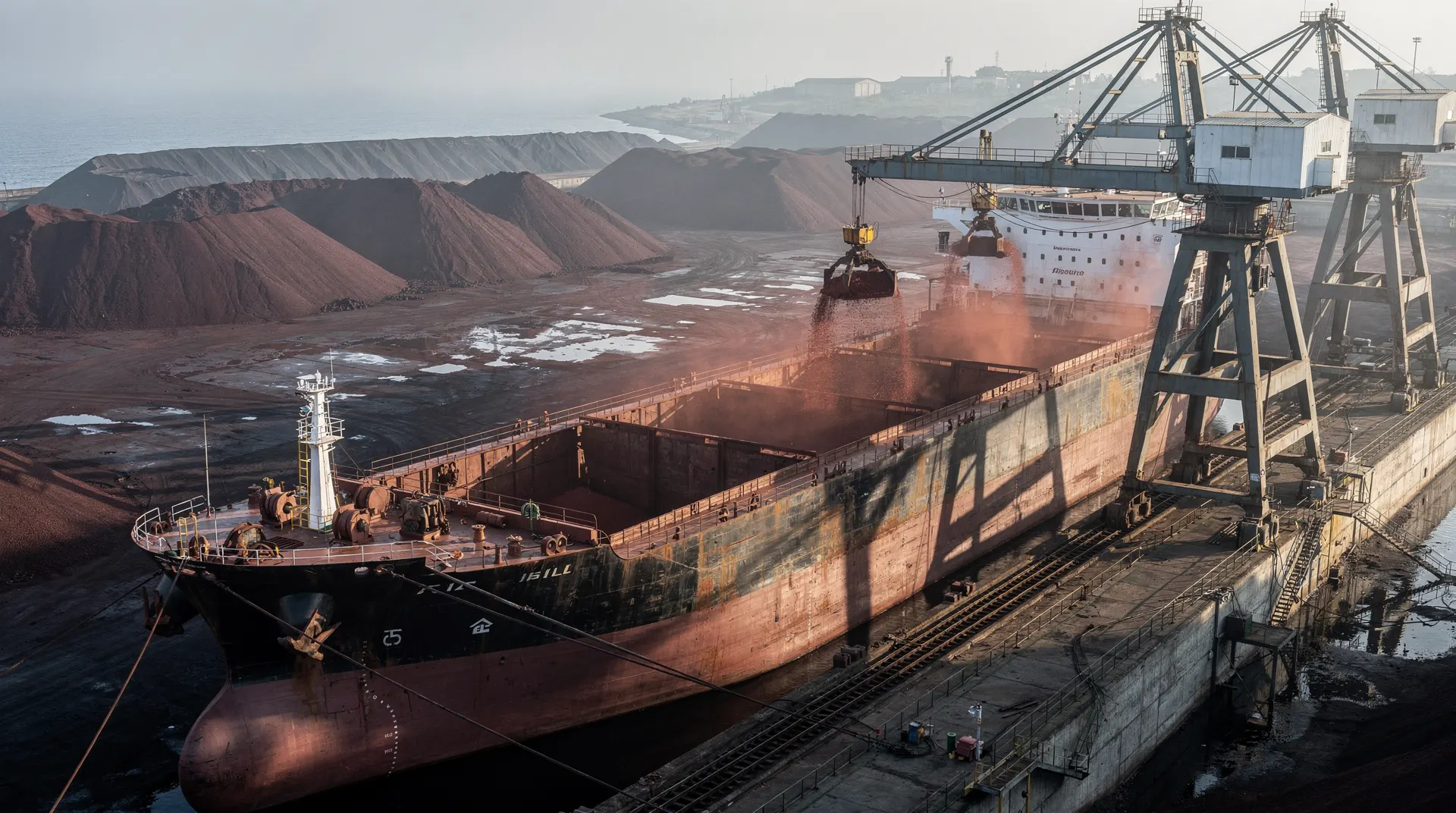 A bulk carrier loads iron ore beneath harbor cranes in soft morning light.