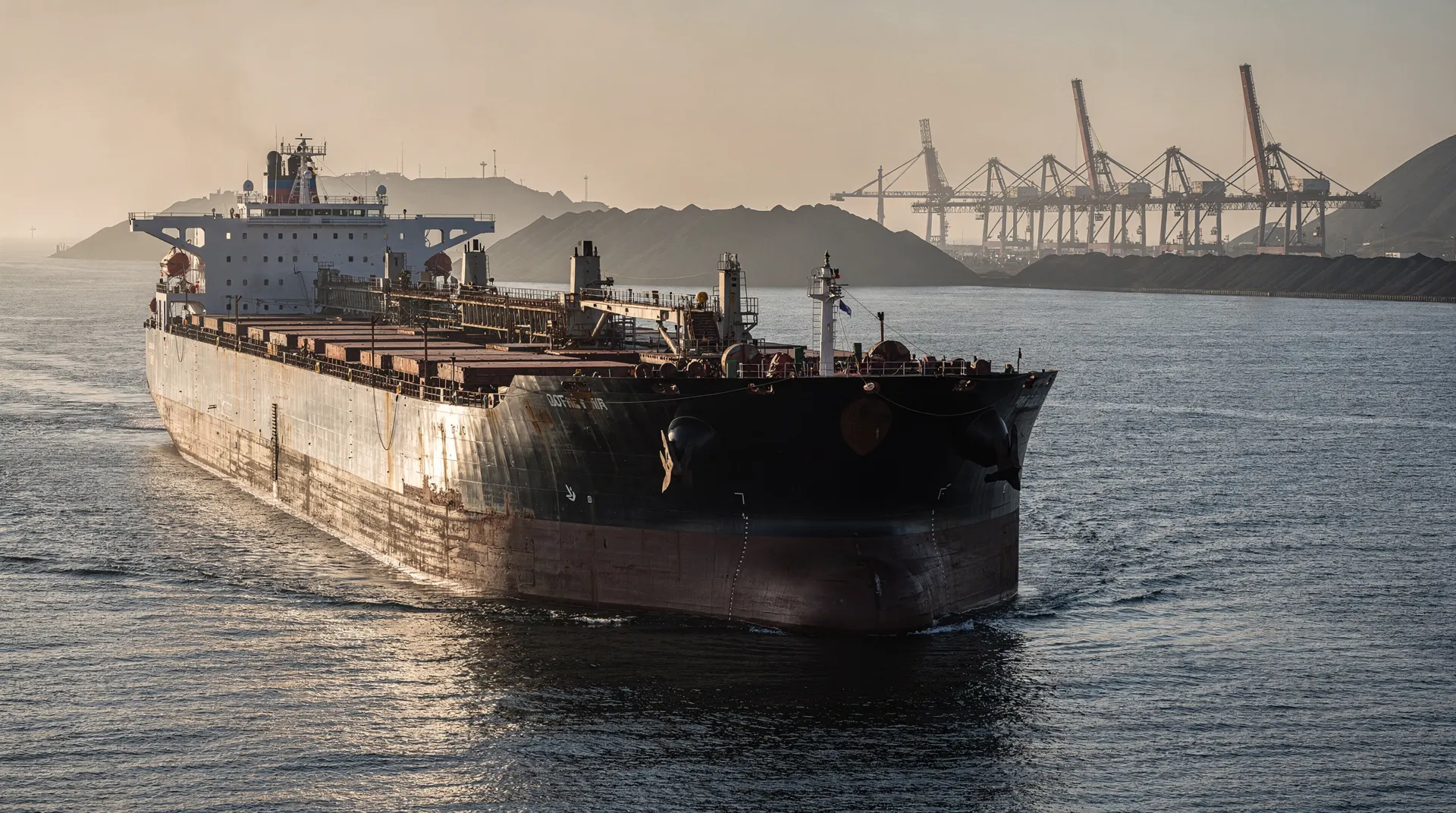 A large dry-bulk carrier waits offshore near hazy iron ore stockpiles and loading cranes.