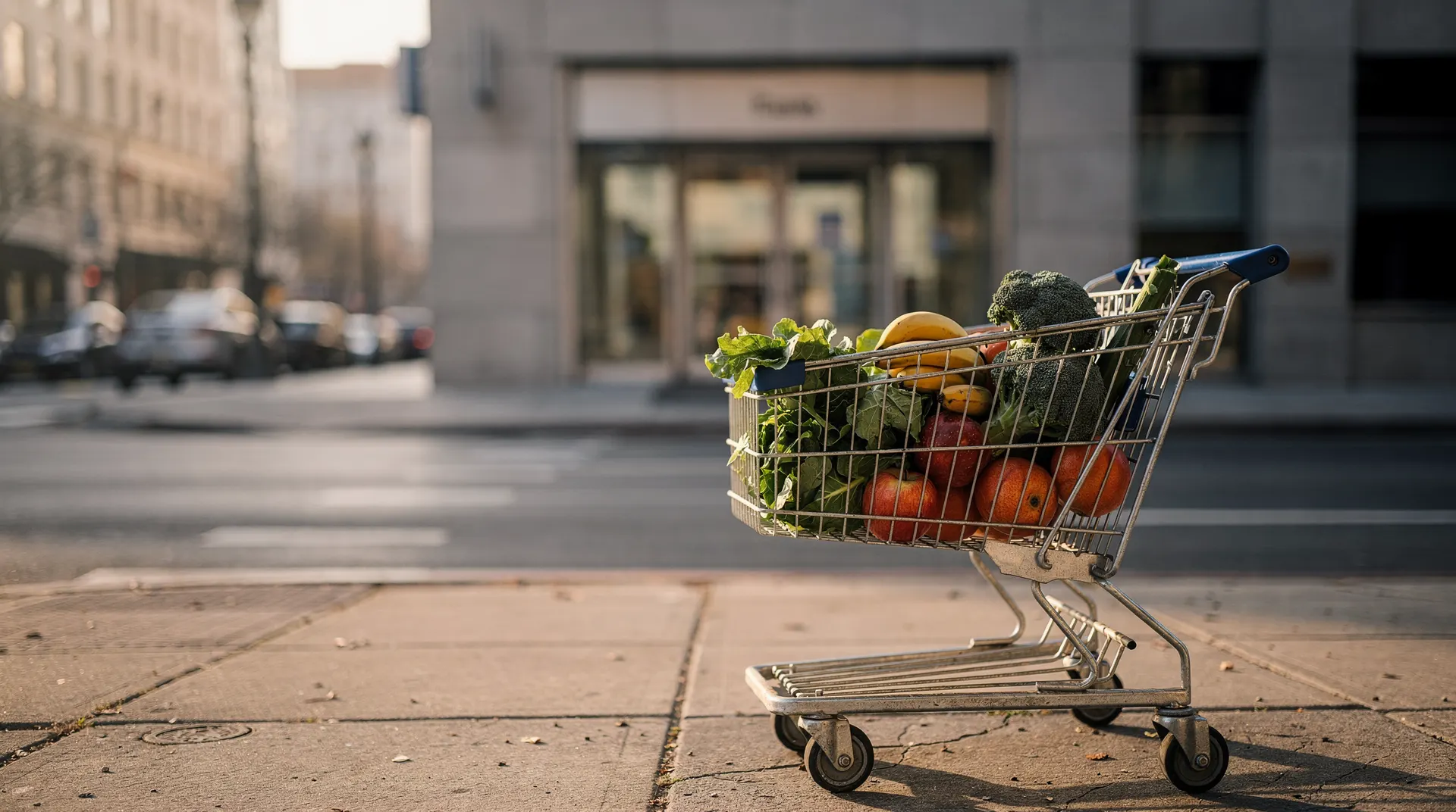 A grocery cart with produce stands outside a supermarket, with an unmarked bank entrance across the street.