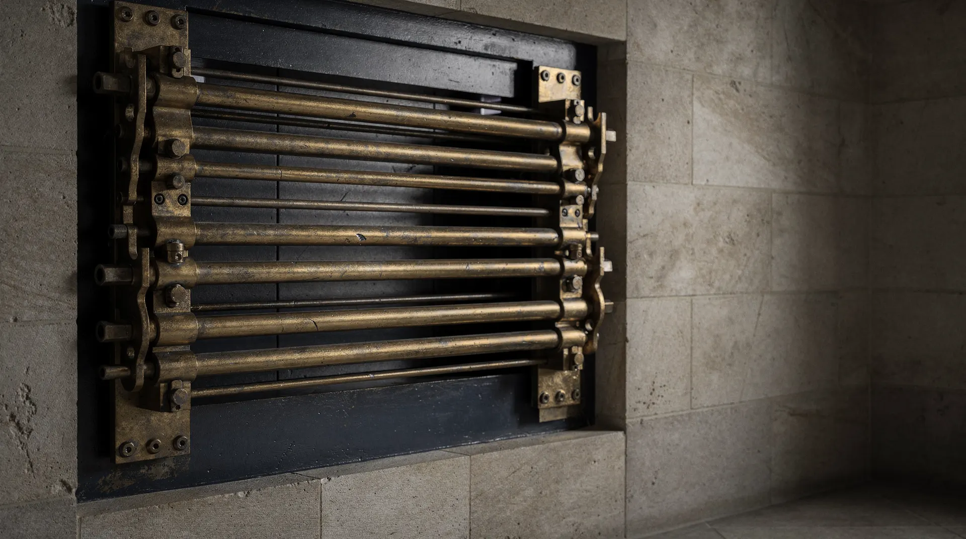 A closed metal bank vault door stands in a dim stone interior.