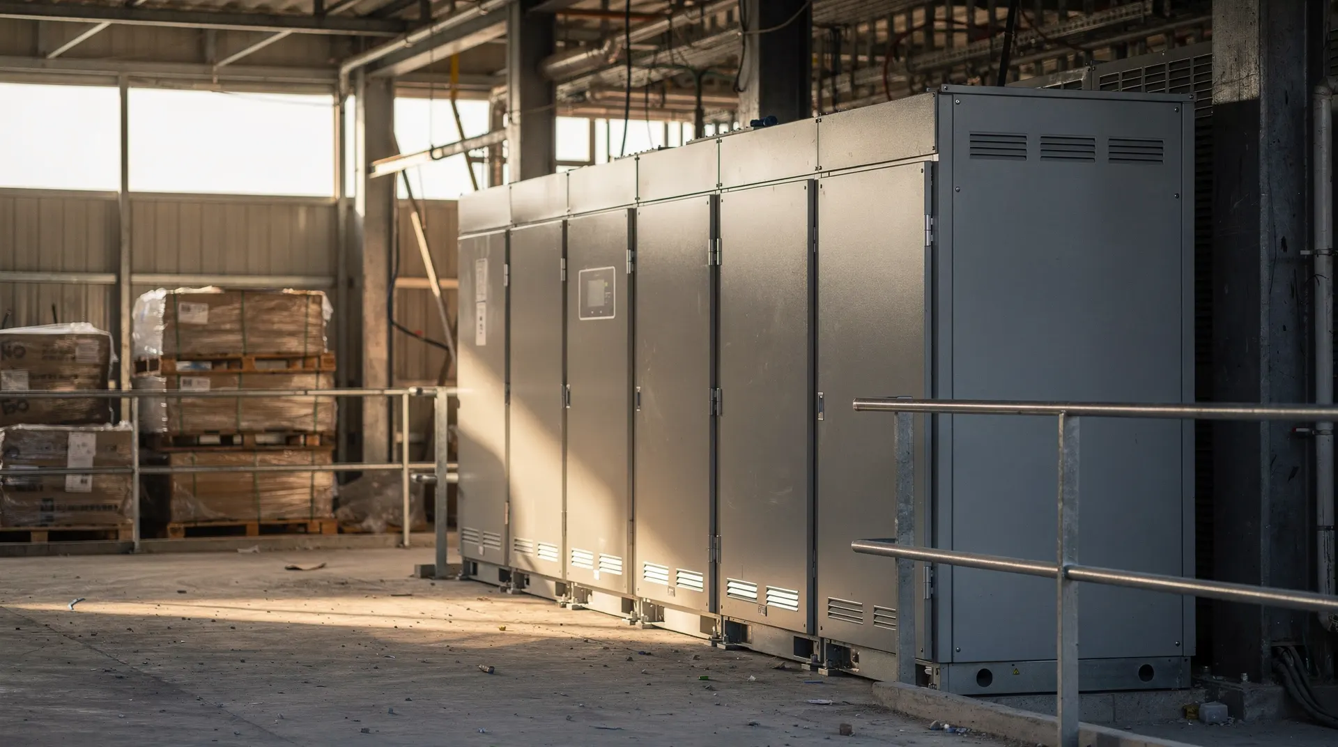 Fuel-cell power cabinets stand beside steel framing and stacked materials in an unfinished industrial facility.