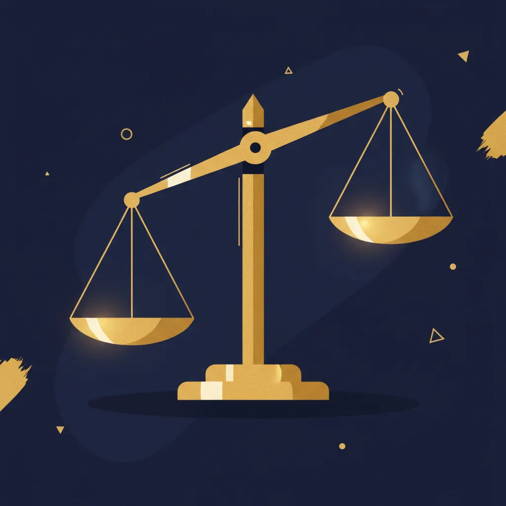 Brass balance scale tilted to one side on navy background