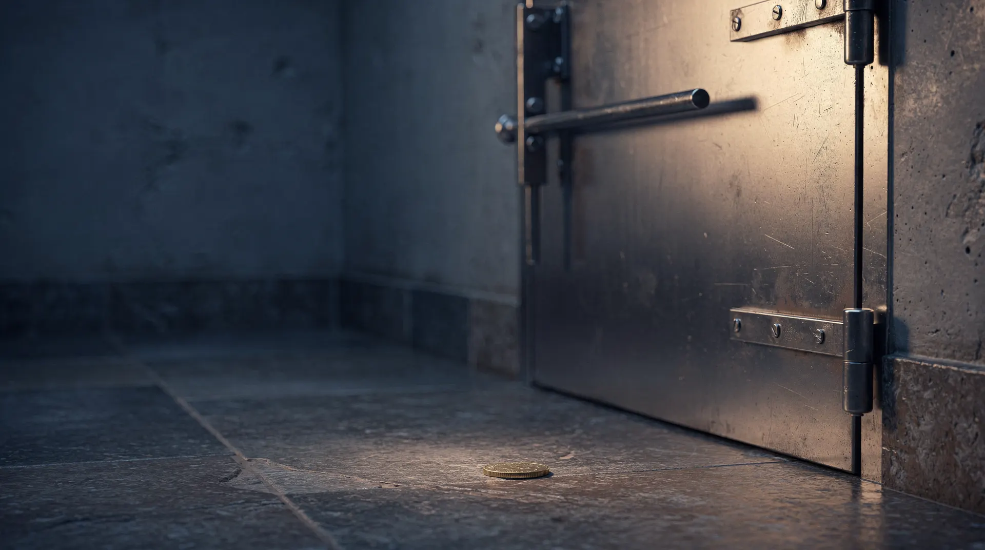 A plain coin lies outside a closed steel vault door in a dim corridor.