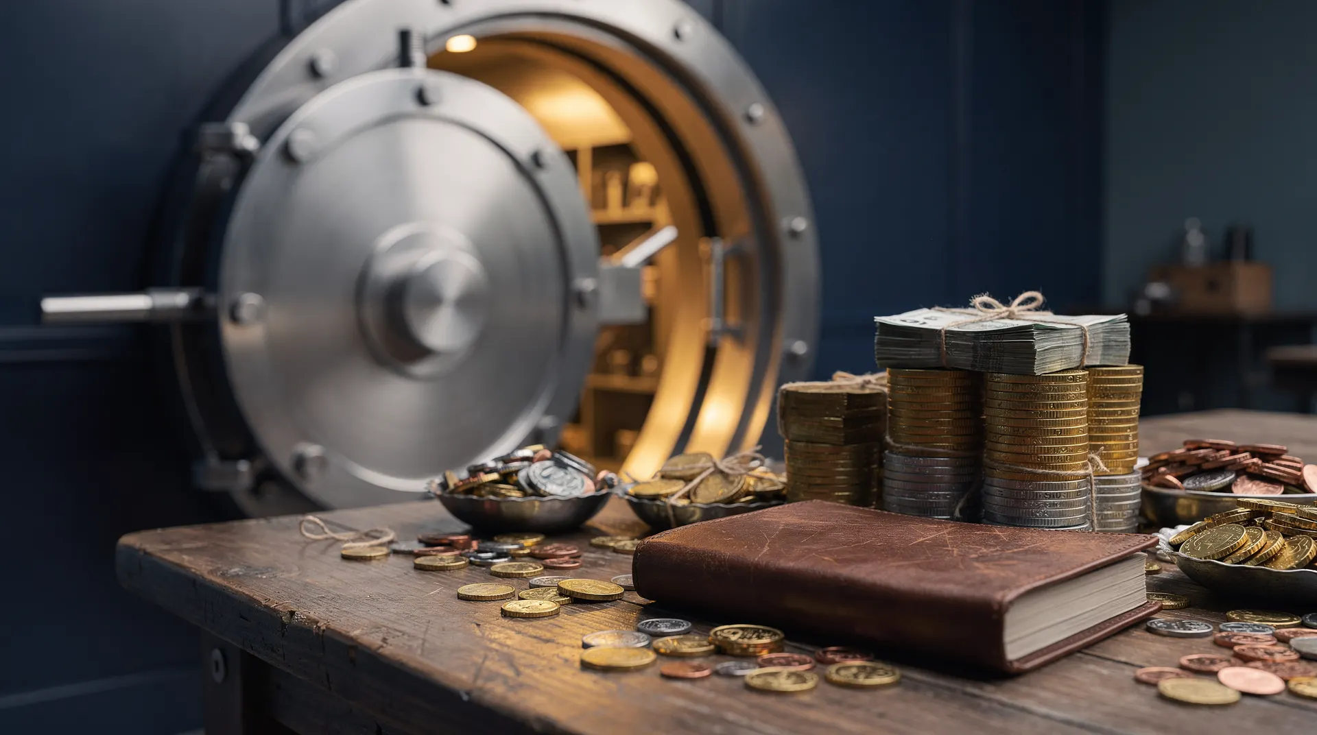 A bank vault door stands ajar, gold light spilling over stacked coin bundles and a brass balance scale