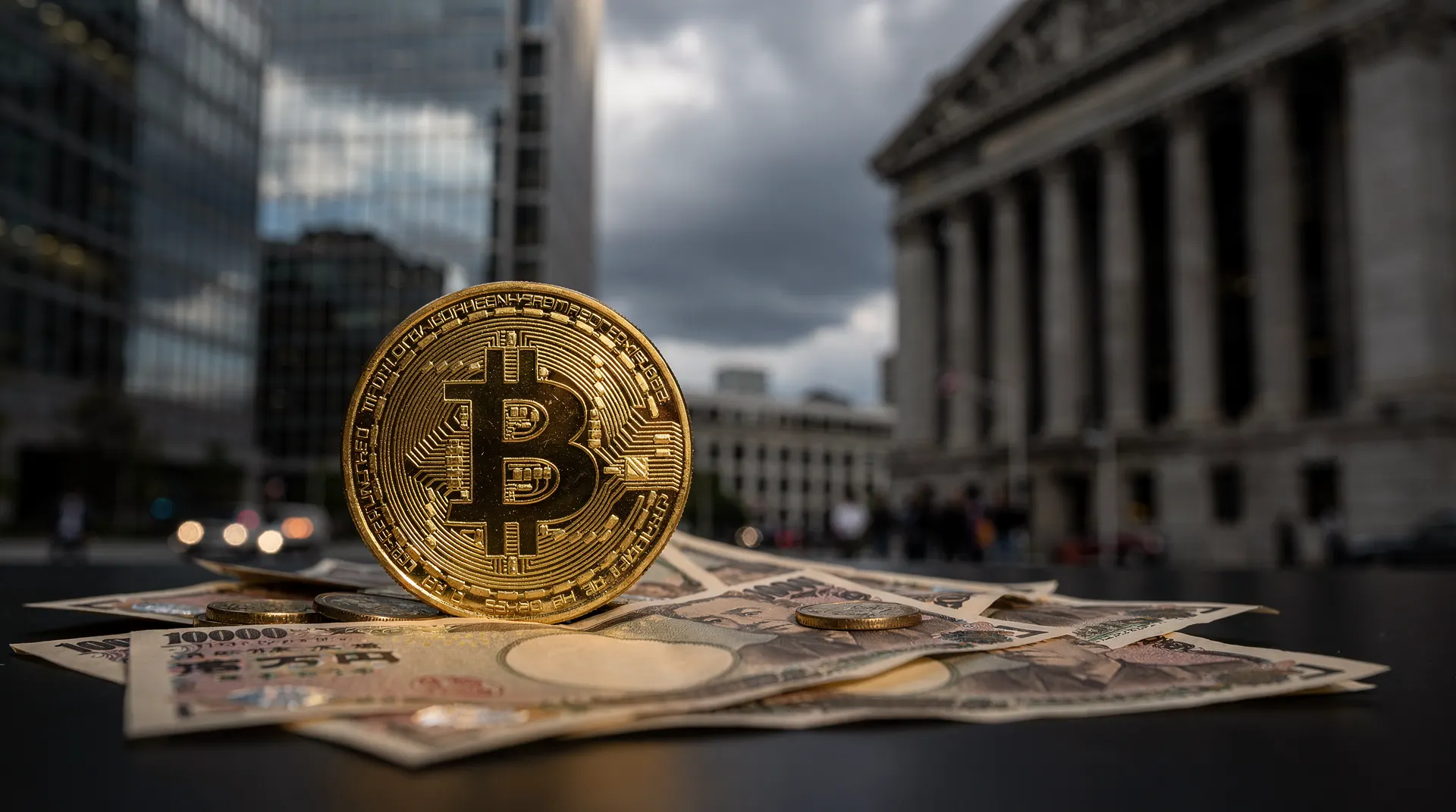 A gold Bitcoin token stands upright on a pile of Japanese Yen banknotes and coins, with city buildings in the background.
