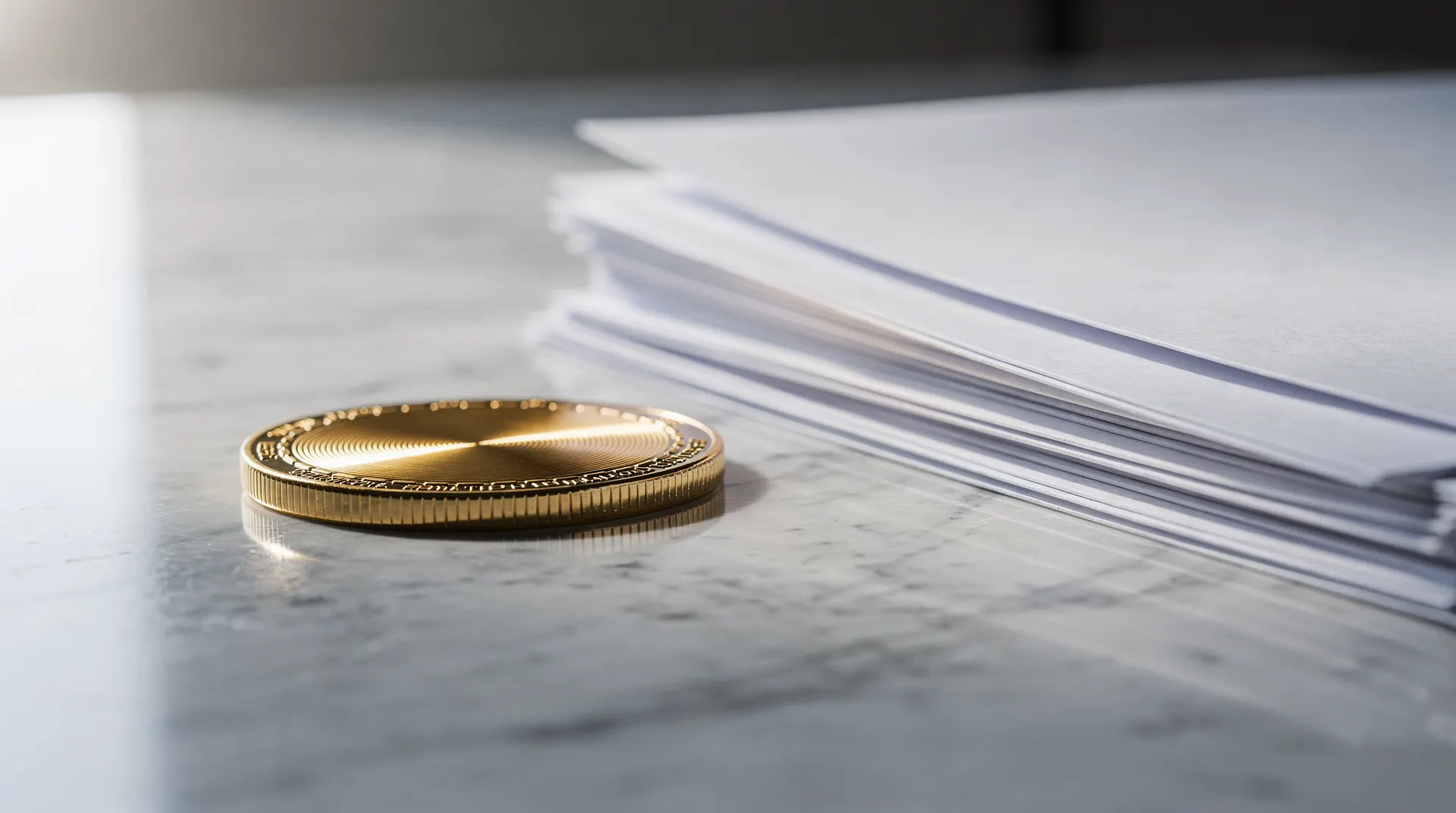 A shiny gold coin resting on a light-colored surface with a stack of white papers in the background, out of focus.