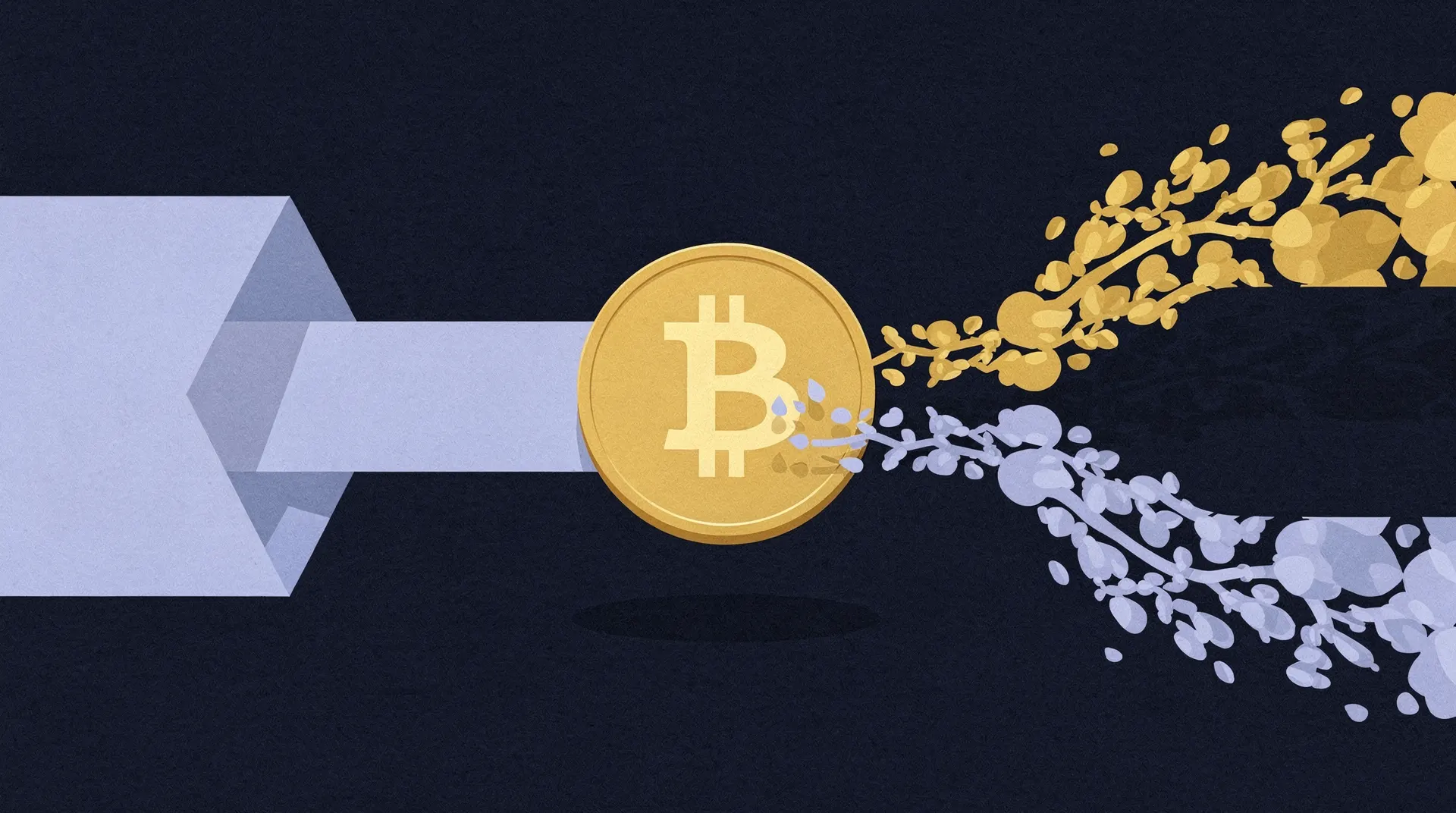 A golden Bitcoin symbol at the center, with a light blue ribbon-like structure feeding into it from the left. From the right side of the Bitcoin, two distinct branches of leaves or clusters diverge: one golden and one light purple/silver, on a dark blue background.