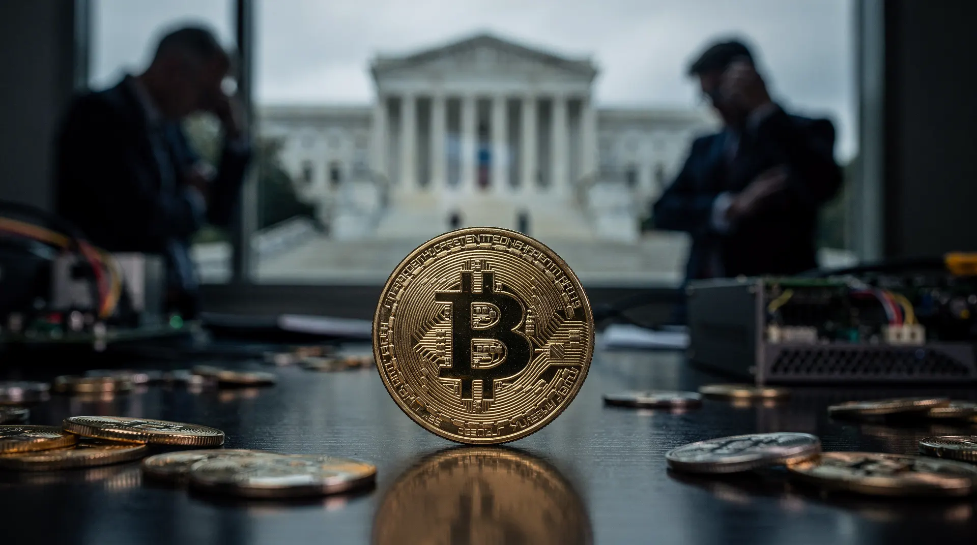 A gold Bitcoin coin standing upright on a dark table, with other coins scattered; a blurred government building in the background.