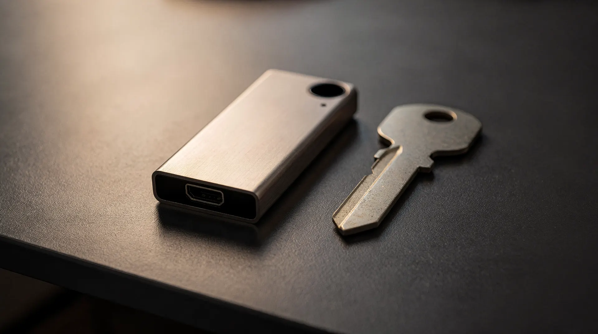Unmarked metal hardware wallet and security key on a dark desk