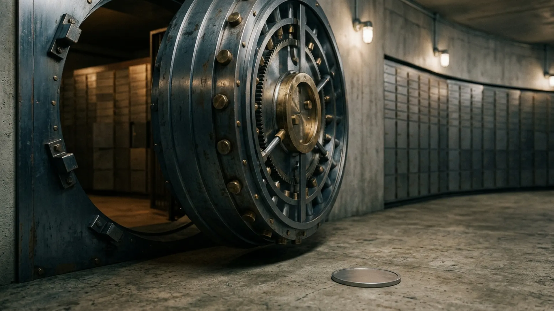 A bank vault door stands ajar beside closed deposit boxes, with a plain coin near its threshold.