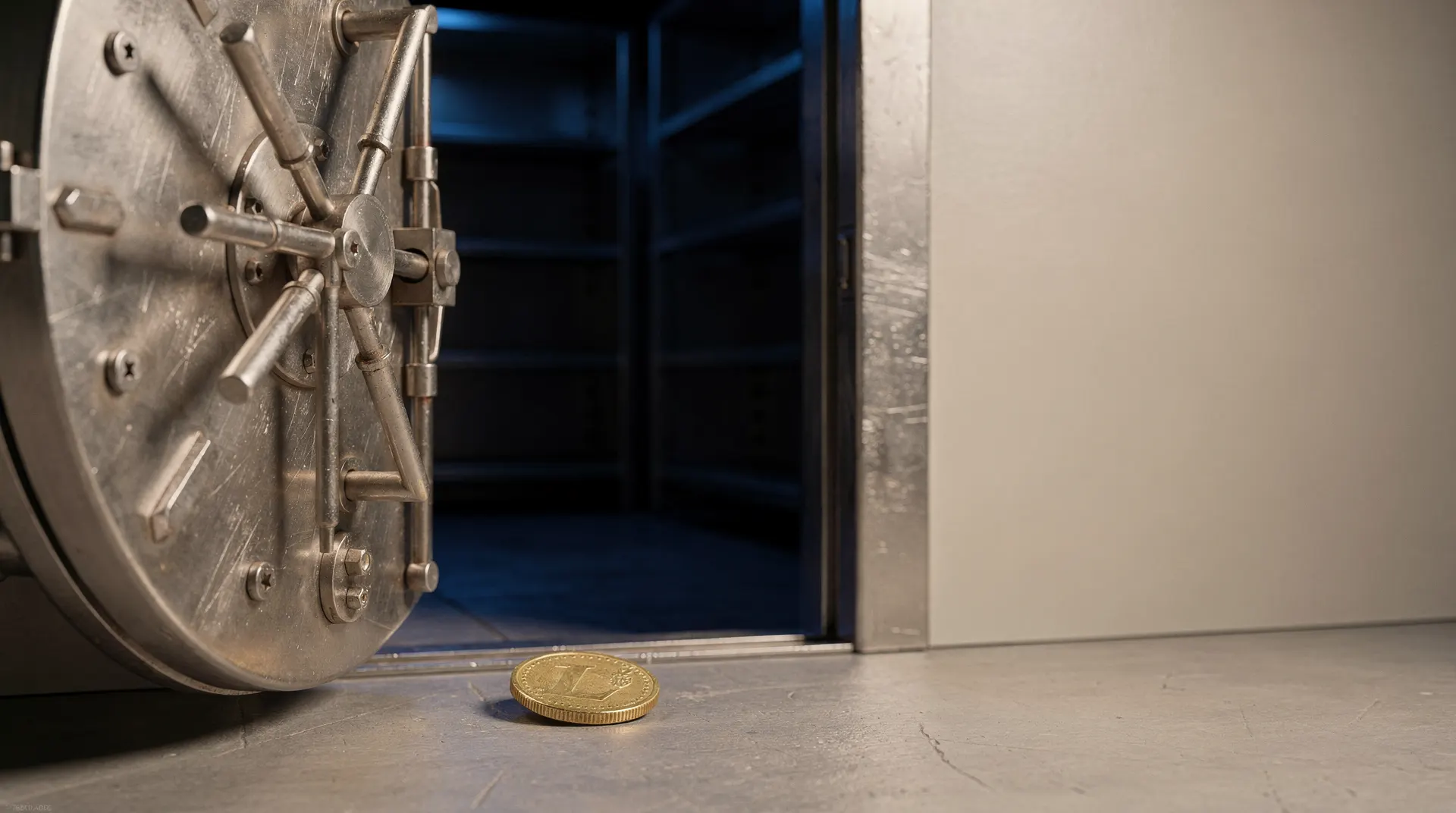 An open vault door frames a single unmarked coin beside a mostly empty, shadowed interior.