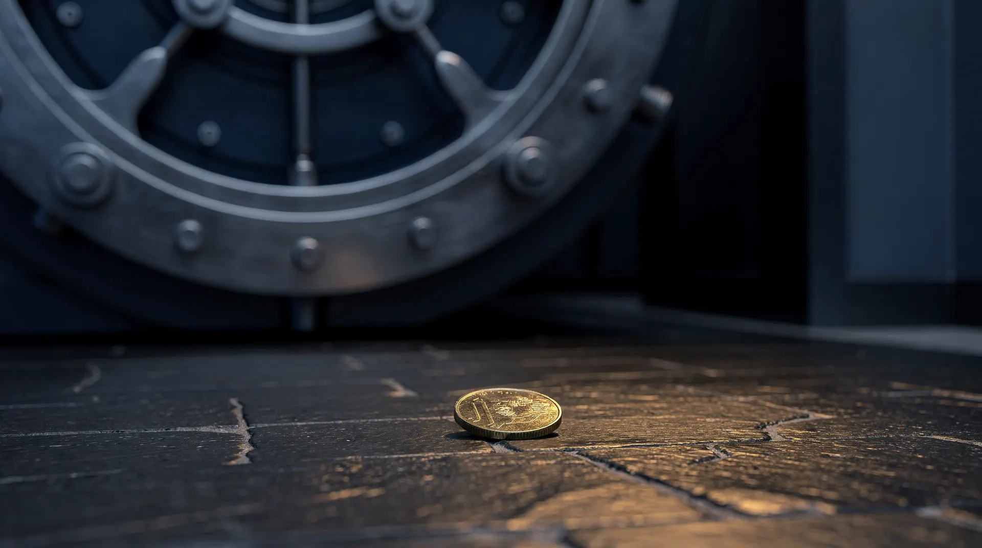 An unmarked gold-toned token rests on a dark floor before a nearly closed steel vault door.