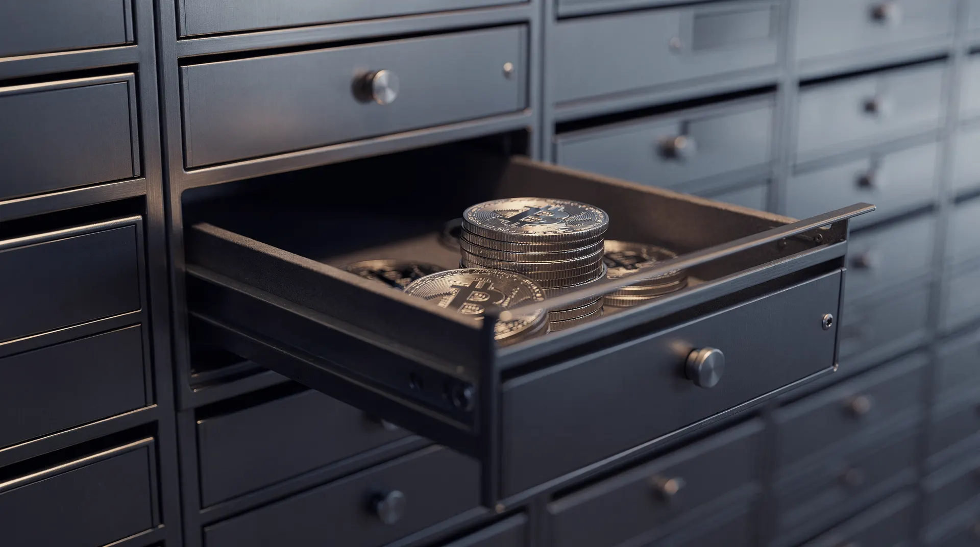 An open steel vault door reveals a small stack of unmarked coins in warm light.