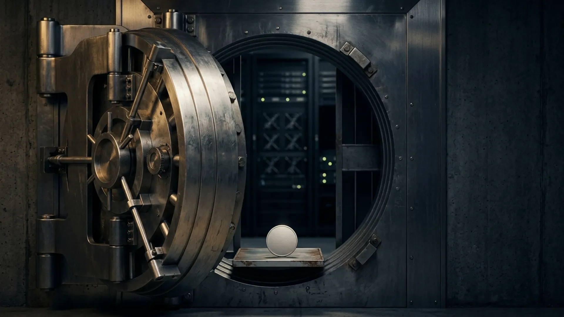 An open bank vault door reveals a single unmarked coin, with cooling fans blurred in the background.