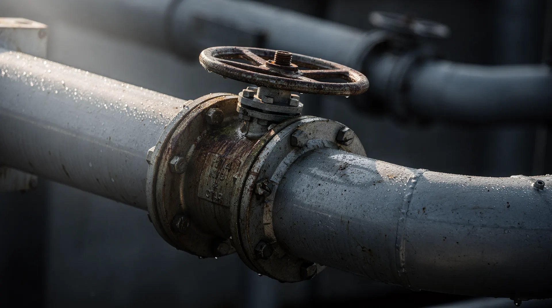 Close-up of a weathered metal pipe with a rusty valve and water droplets, suggesting industrial infrastructure.