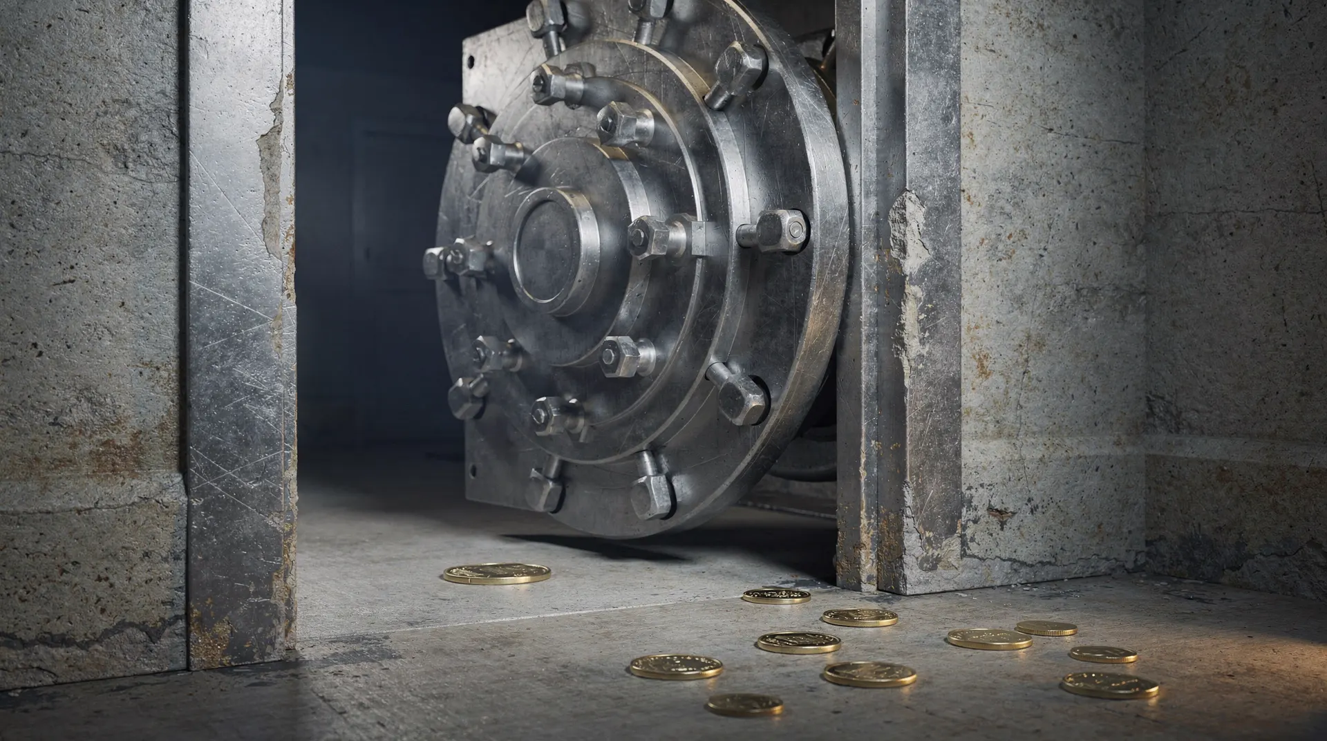 An open bank vault door with one unmarked coin inside the threshold and a few coins outside.