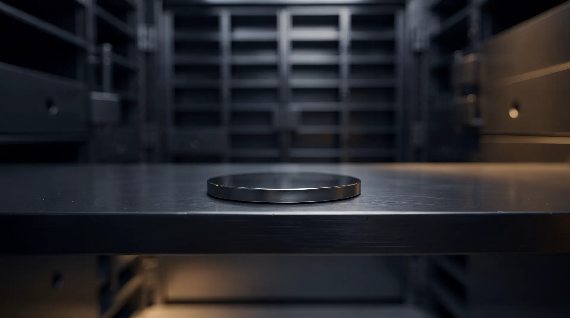 A lone unmarked coin rests on a shelf beneath a heavy steel lintel inside a dark bank vault.