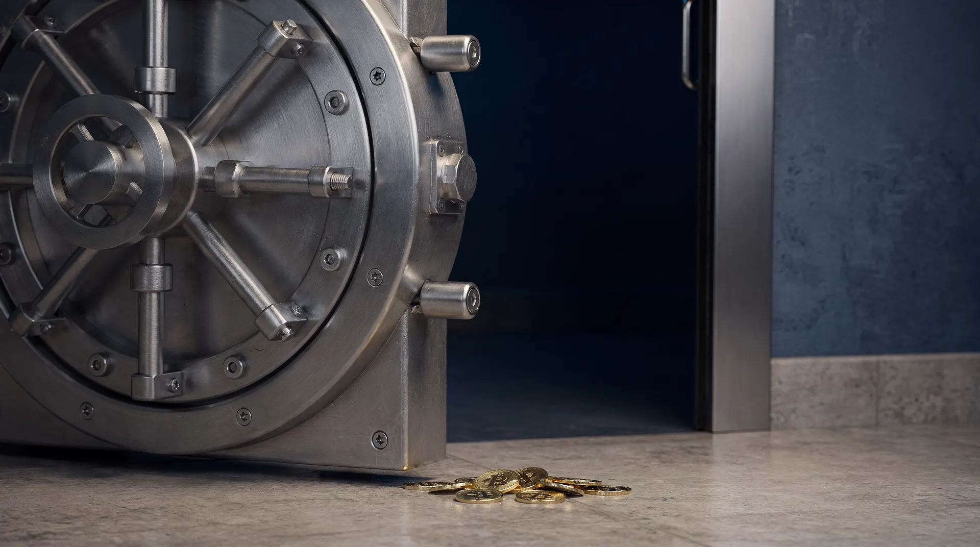A partly open bank vault door stands behind a few unmarked coins in subdued amber light.