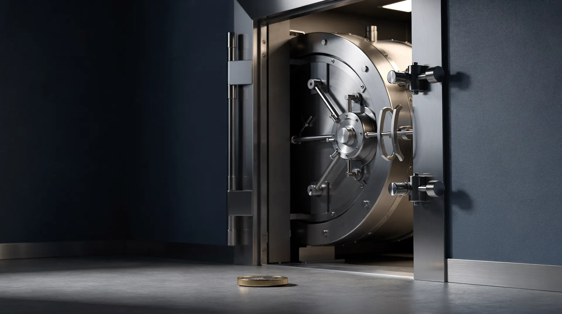 A single metal coin lies outside a partly open bank vault door.