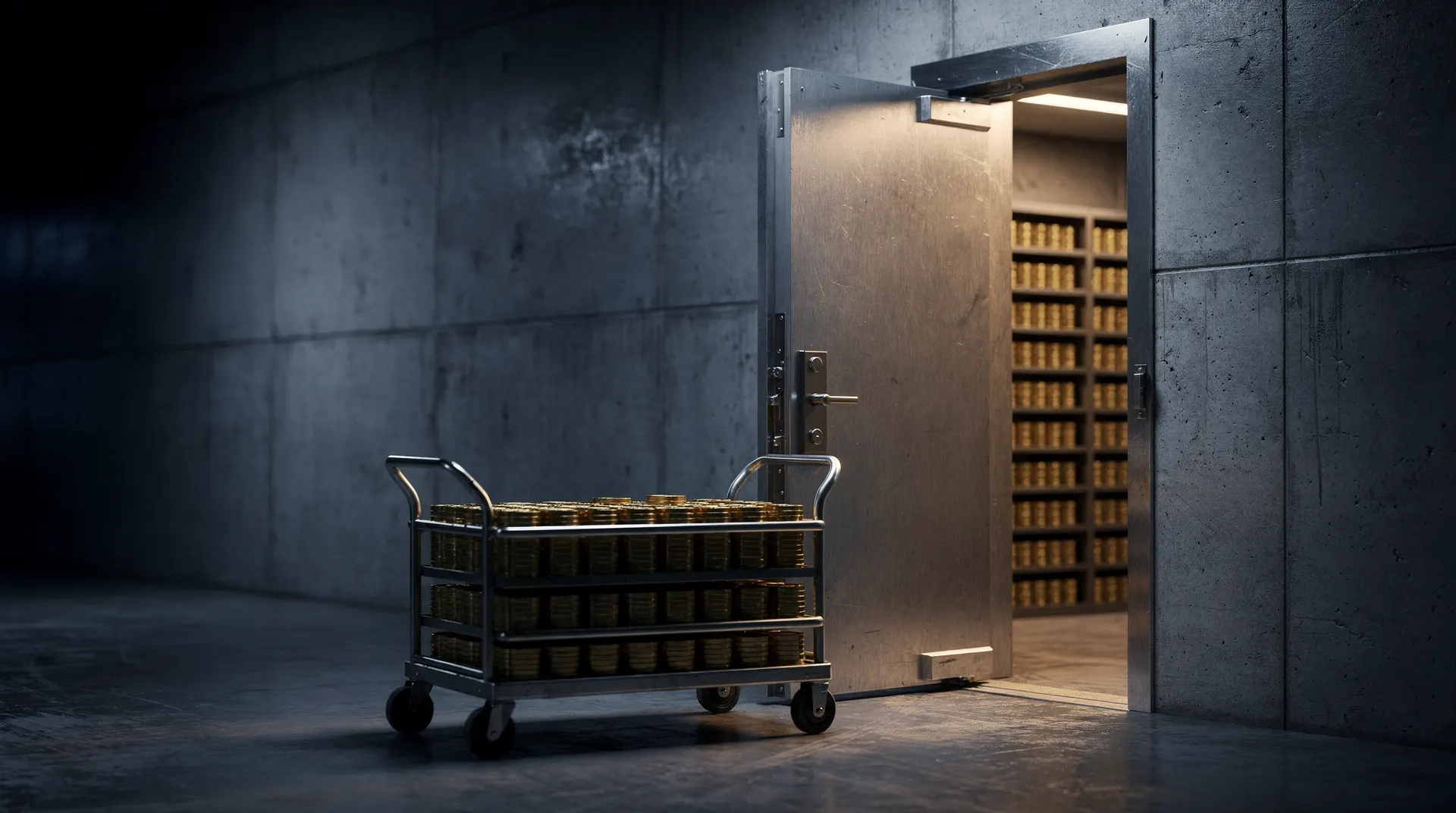 An open steel vault door beside a trolley carrying unmarked metallic coins.