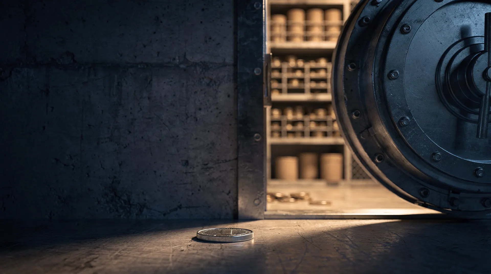 A slightly open bank vault door casts warm light across an unmarked coin near its threshold.
