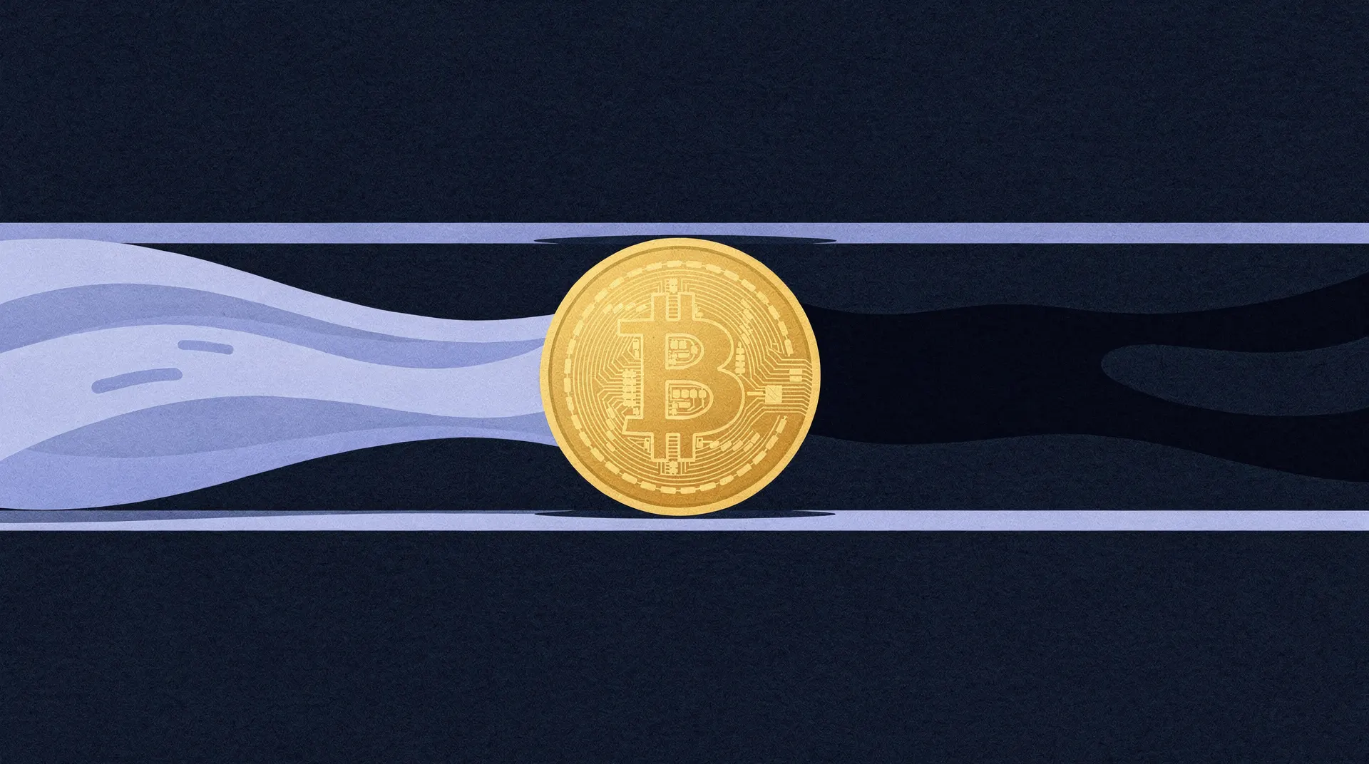 A golden Bitcoin coin sits centered within a horizontal channel; light blue wavy flow enters from the left, dark wavy flow exits to the right.