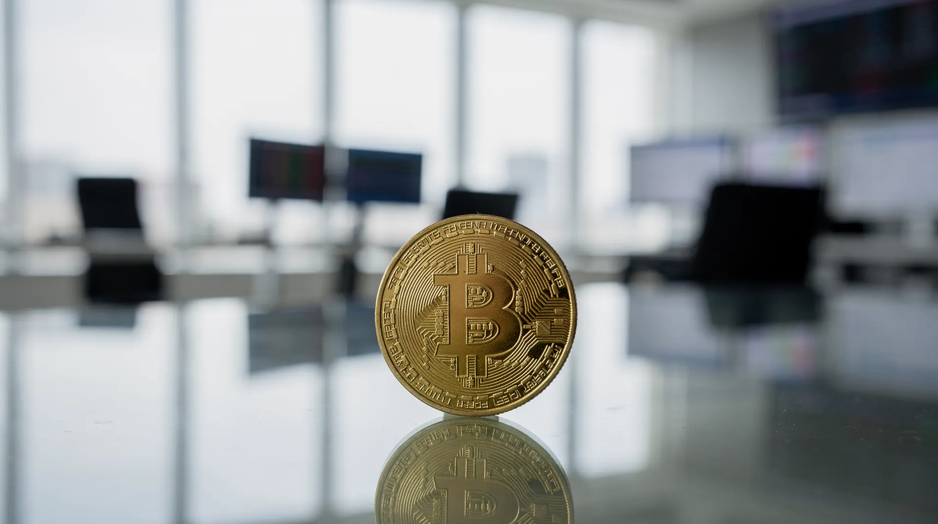 A golden Bitcoin physical coin stands upright on a reflective surface in a modern office with blurred computers in background.
