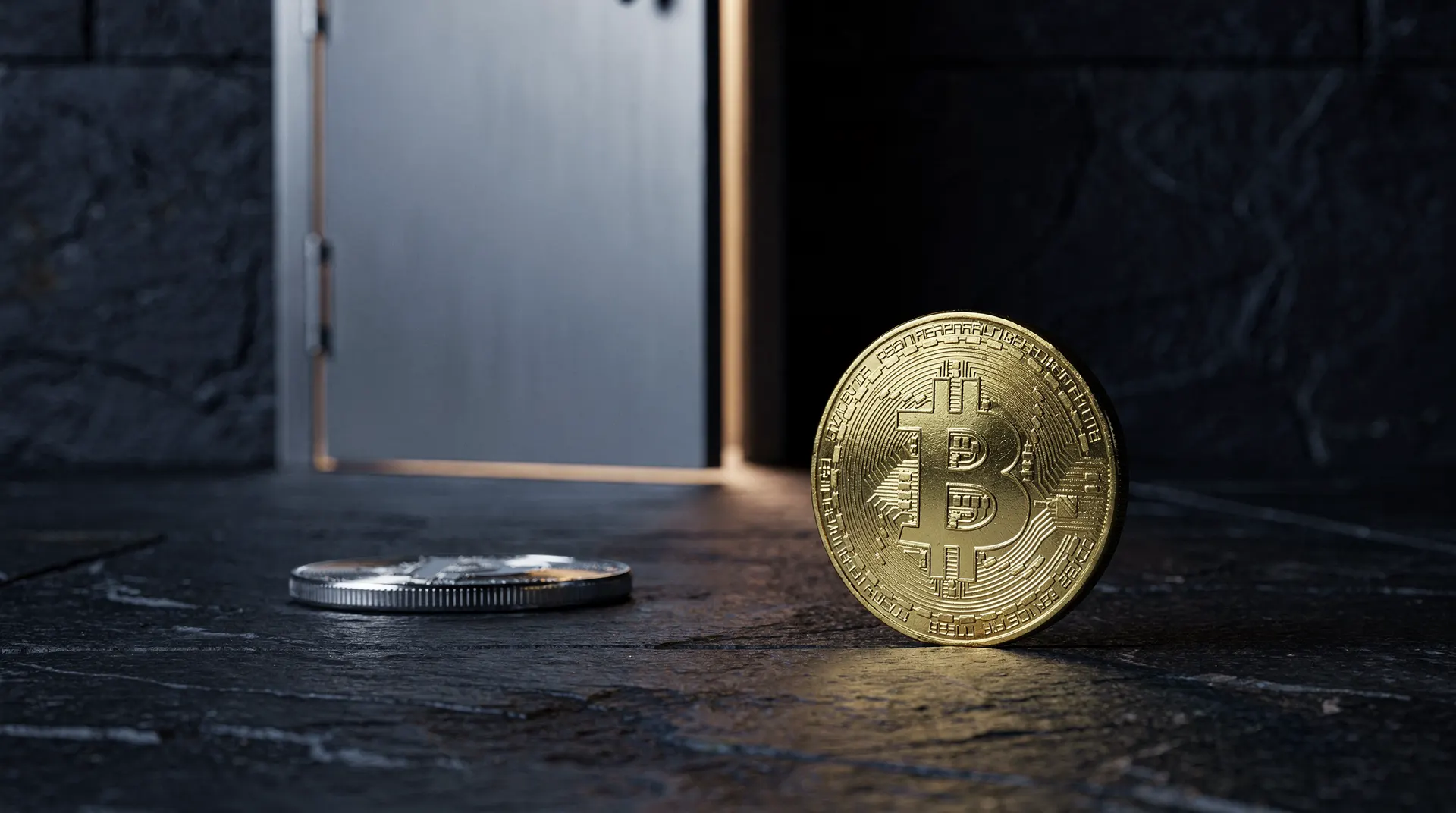 A gold-toned coin sits by an open vault door while a silver-toned coin rests farther away in shadow.