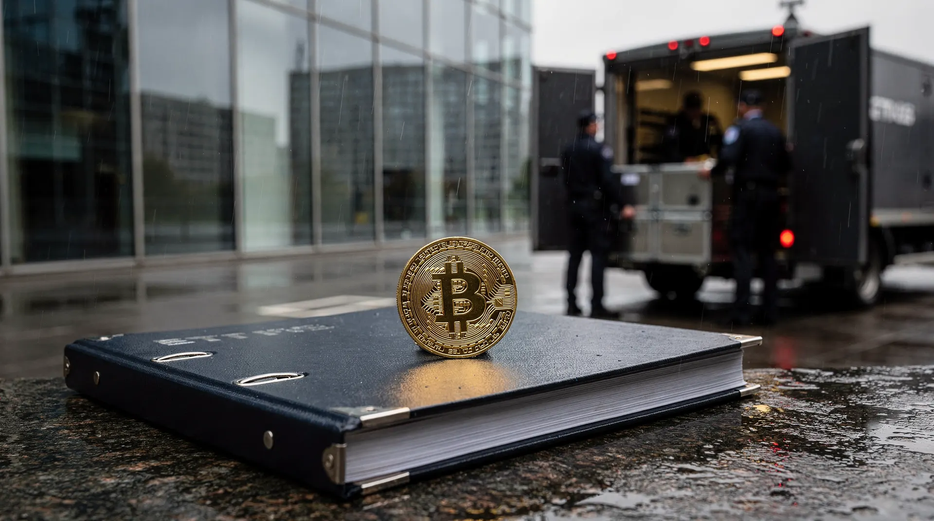 A physical bitcoin coin rests on a closed fund binder, with an armored truck blurred in the background.