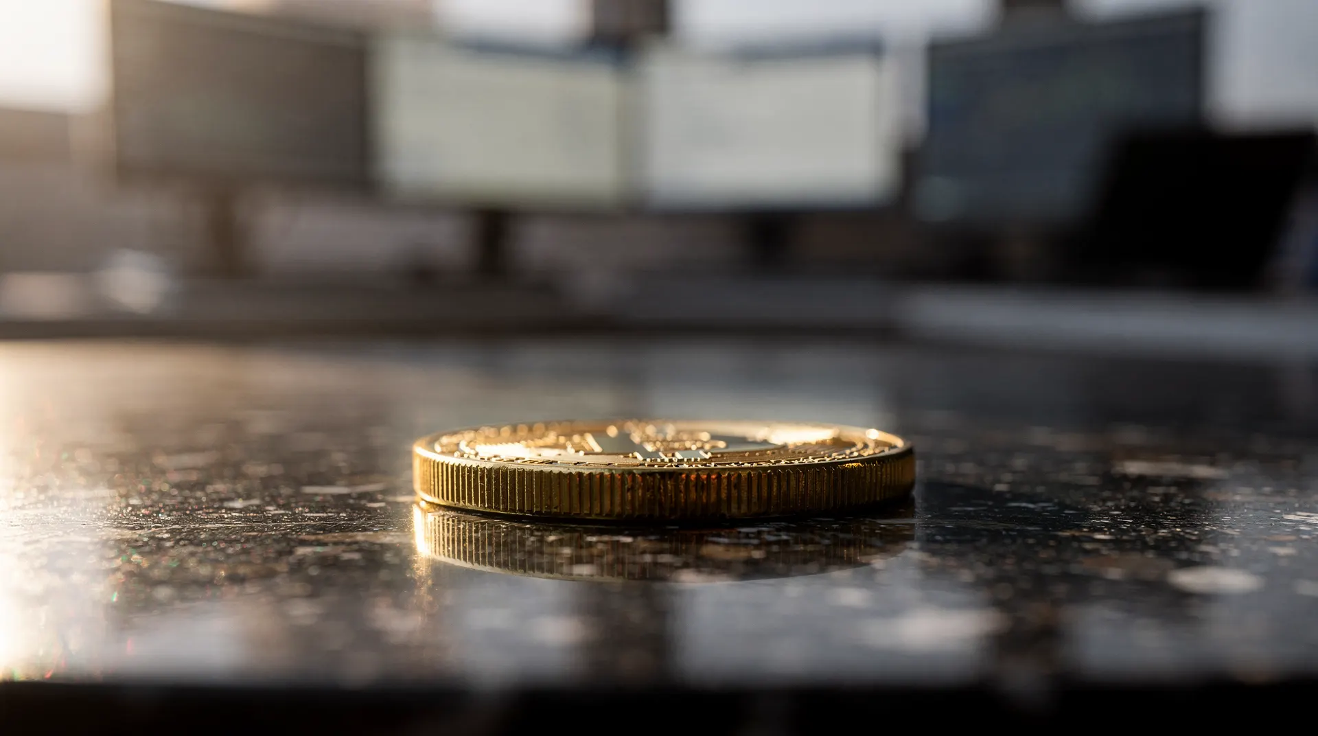 Close-up of a golden cryptocurrency coin lying flat on a reflective dark surface, with blurred computer screens in the background.